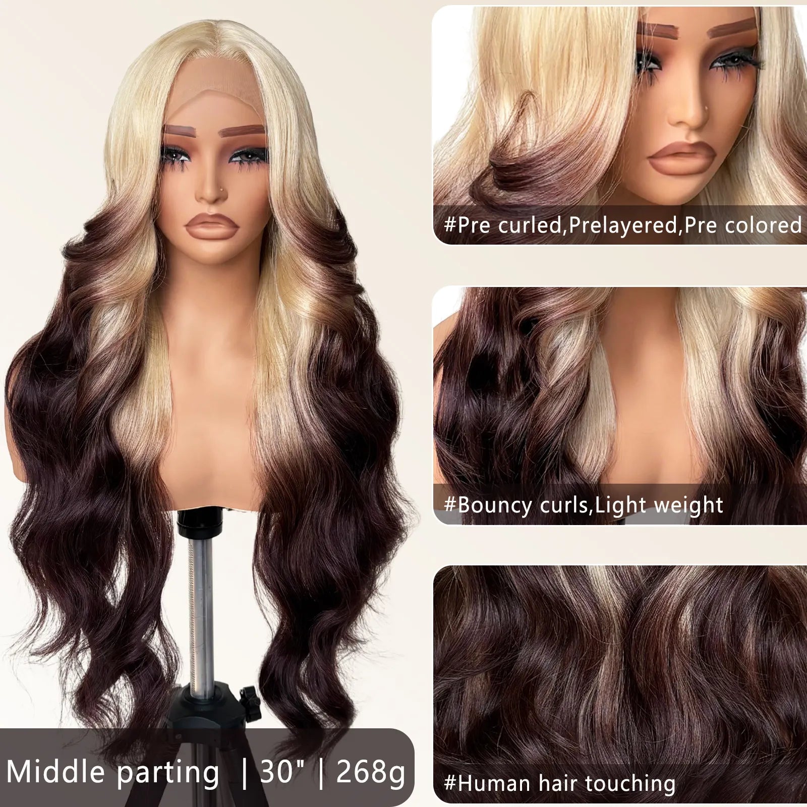 FABÉLLE Body Wave 30inch Glueless 13×4×1 Middle part Lace Wig Pre-plucked Synthetic Lace Front Wig for women Wavy Blonde daily style synthetic heat