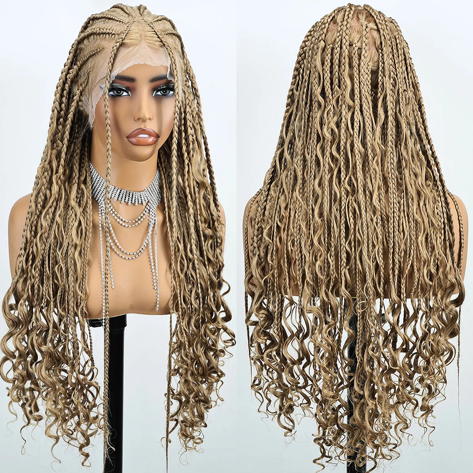 FABÉLLE Boho Cornrow Braided 30inch Trendy Boho Braid With Curly End Premium Heat Resistant Synthetic Full Lace Braided wigs Wear and Go