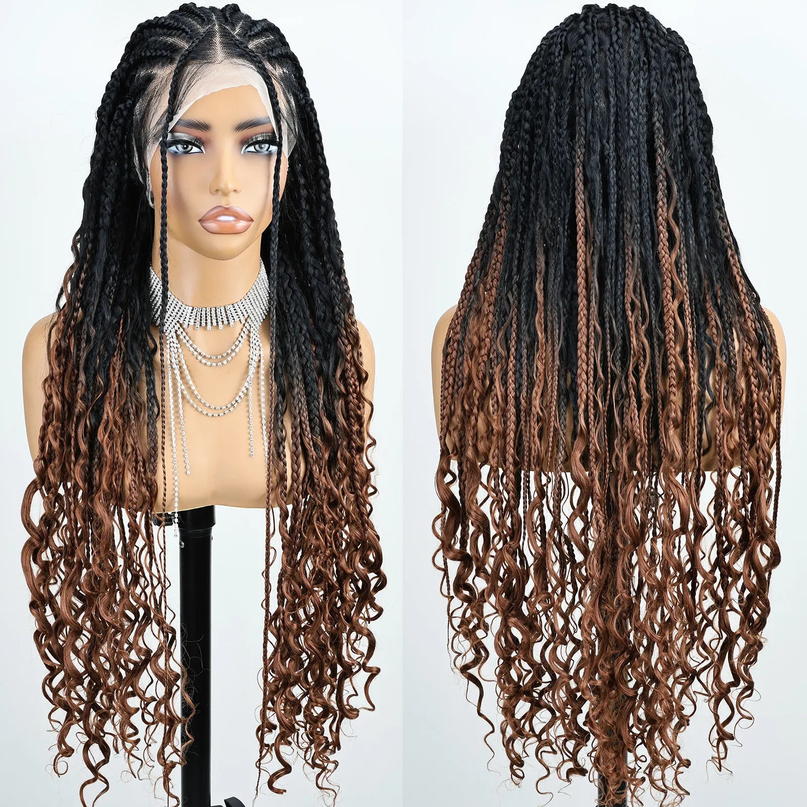 FABÉLLE Boho Cornrow Braided 30inch Trendy Boho Braid With Curly End Premium Heat Resistant Synthetic Full Lace Braided wigs Wear and Go