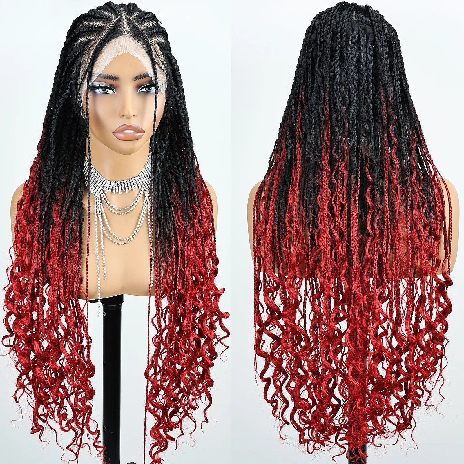 FABÉLLE Boho Cornrow Braided 30inch Trendy Boho Braid With Curly End Premium Heat Resistant Synthetic Full Lace Braided wigs Wear and Go