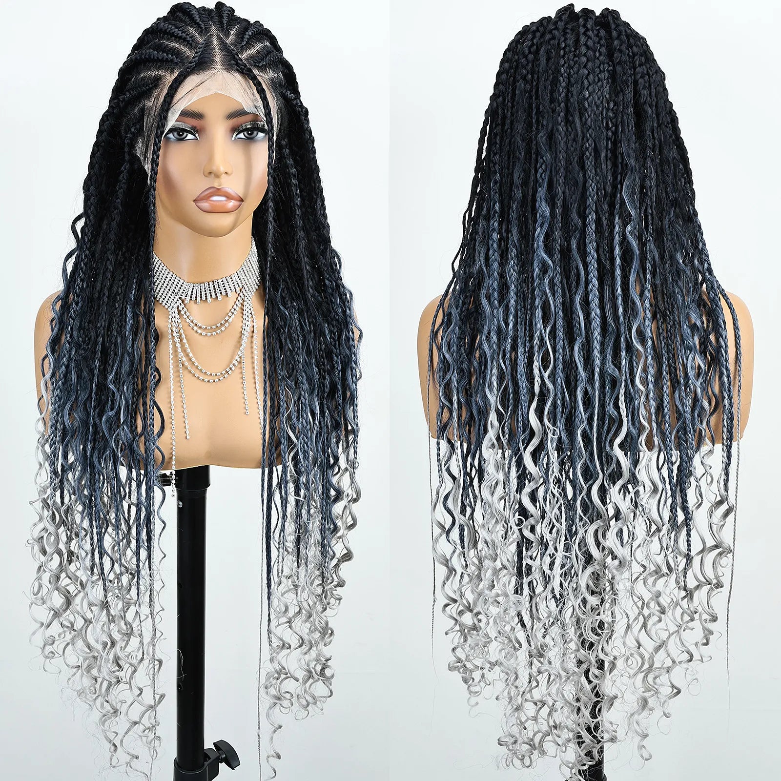 FABÉLLE Boho Cornrow Braided 30inch Trendy Boho Braid With Curly End Premium Heat Resistant Synthetic Full Lace Braided wigs Wear and Go