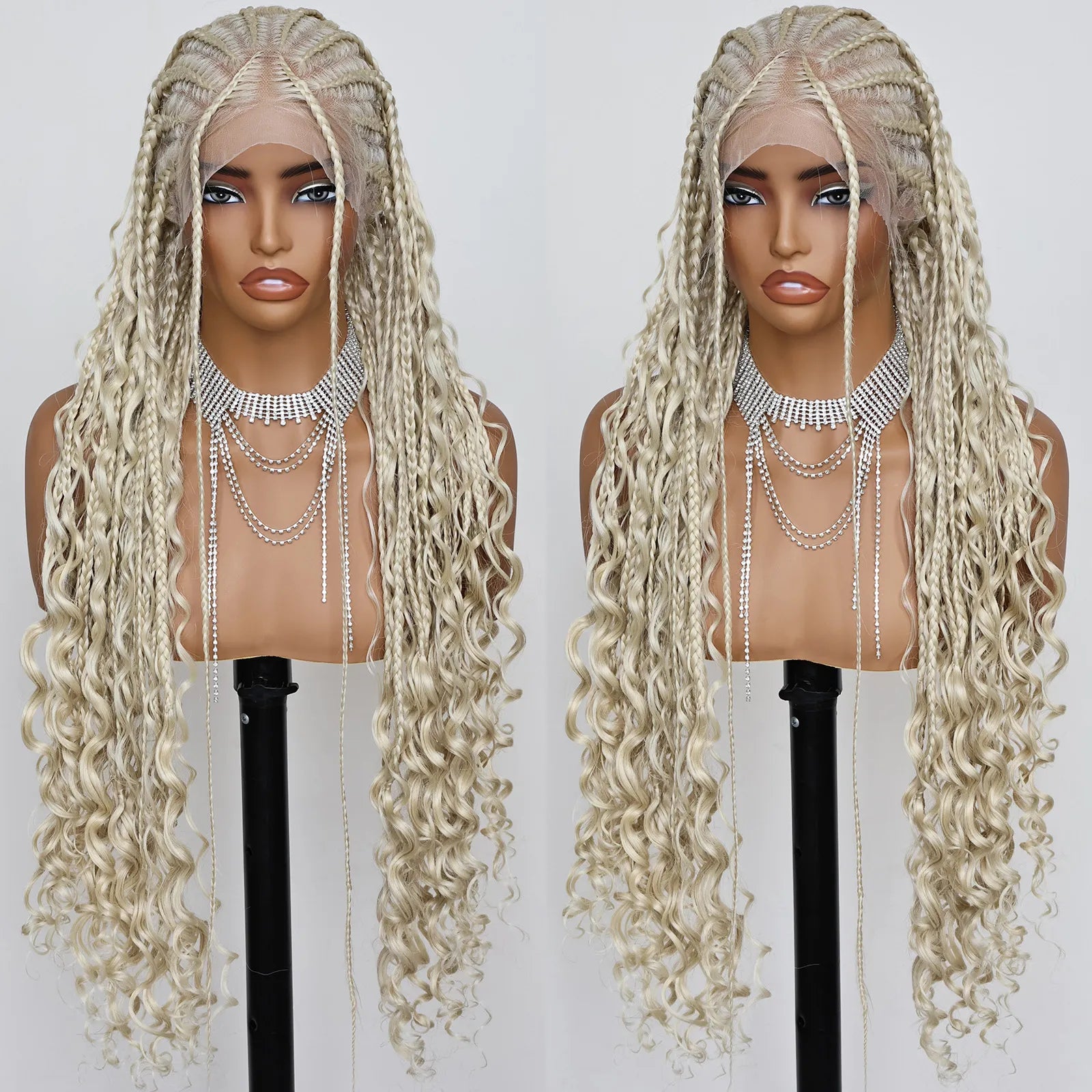 FABÉLLE Boho Cornrow Braided 30inch Trendy Boho Braid With Curly End Premium Heat Resistant Synthetic Full Lace Braided wigs Wear and Go