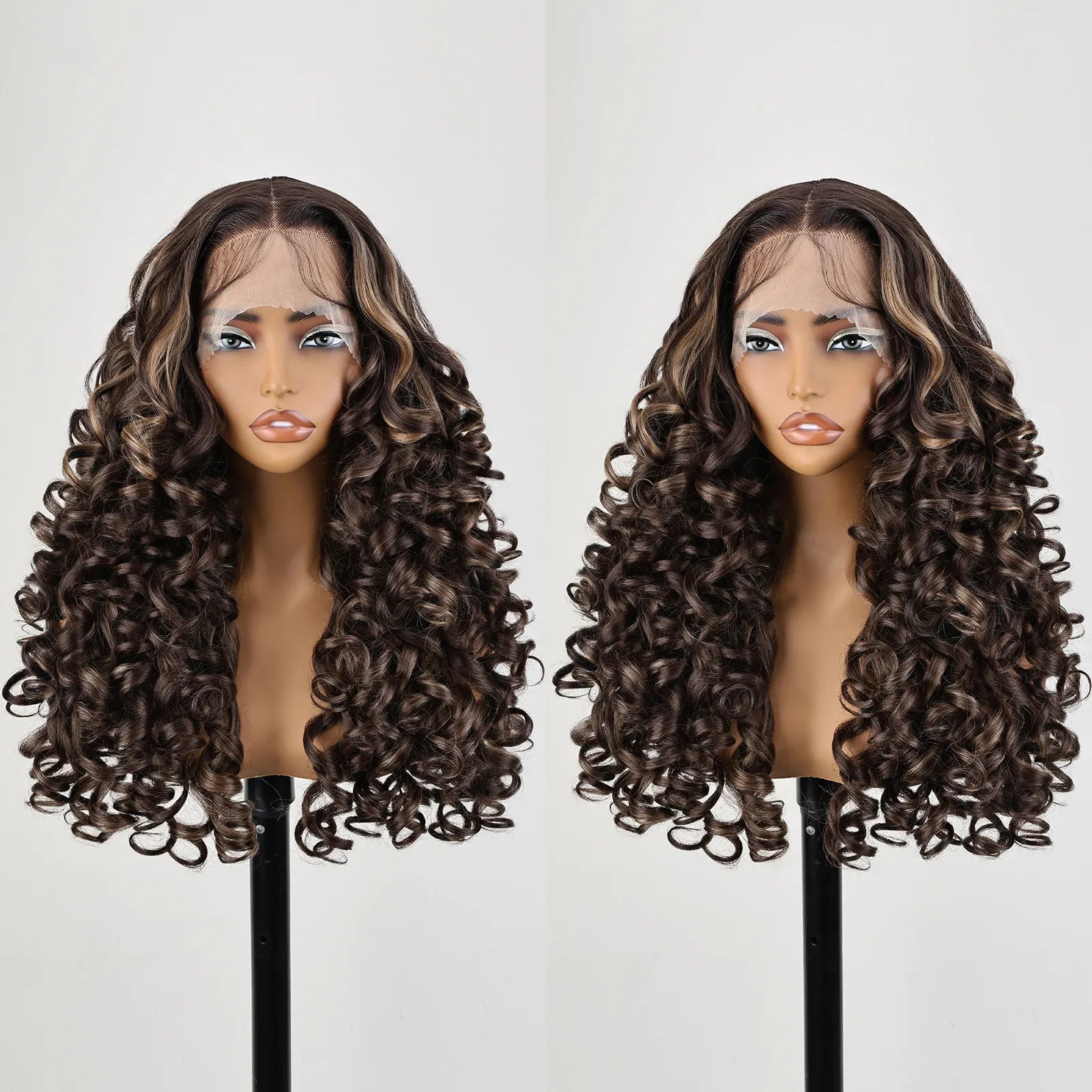 FABÉLLE 22inch Bouncy Curly Wigs Glueless Synthetic Lace Front Wig Pre Plucked Hairline 13×4×1 Middle Part Lace Front Wave Wigs Lightweight Synthetic Lace Wigs for Women