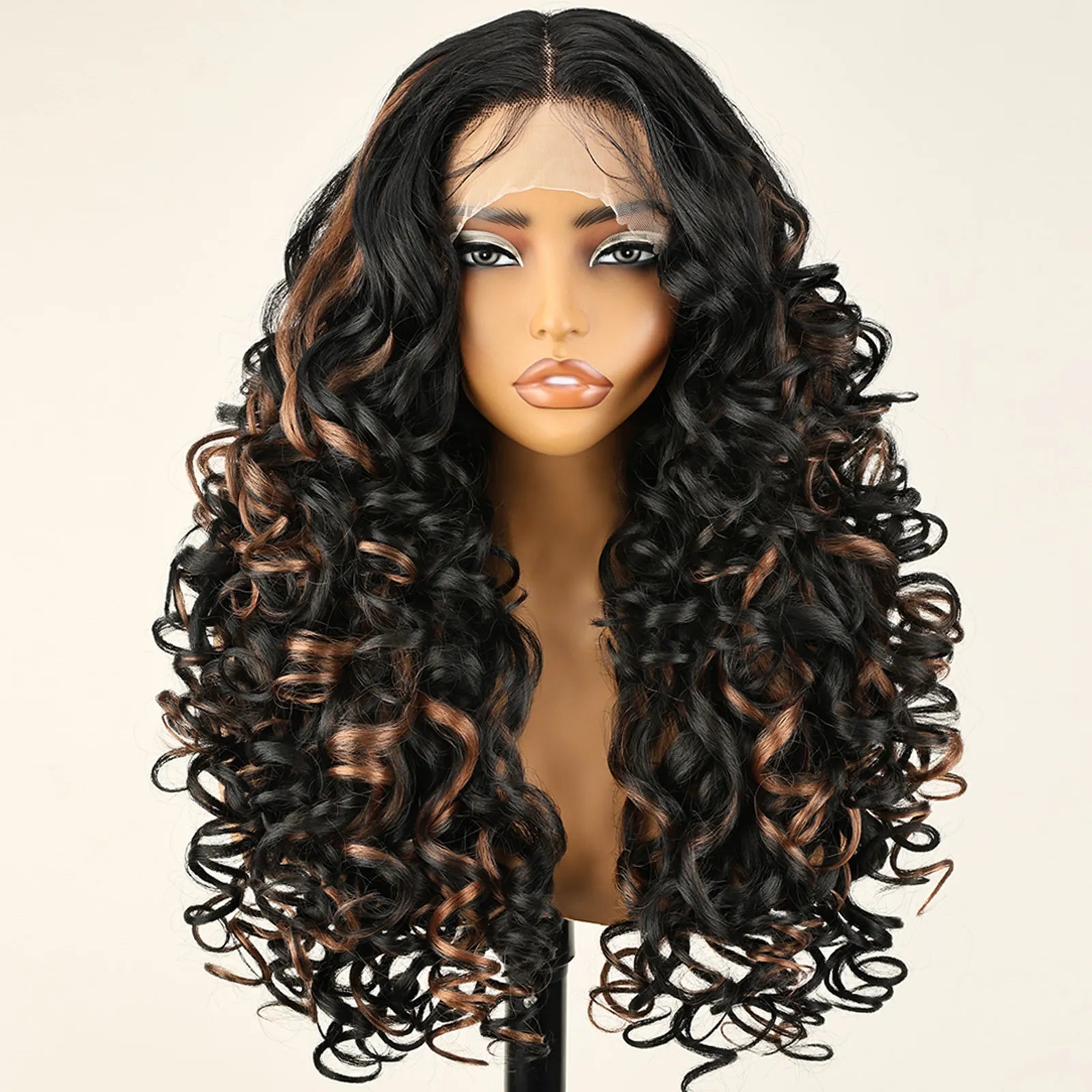 FABÉLLE 22inch Bouncy Curly Wigs Glueless Synthetic Lace Front Wig Pre Plucked Hairline 13×4×1 Middle Part Lace Front Wave Wigs Lightweight Synthetic Lace Wigs for Women
