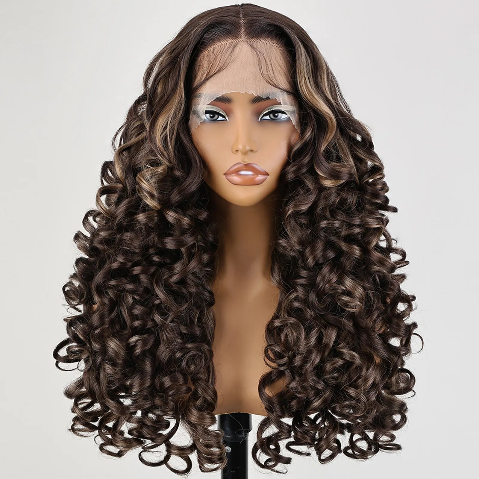 FABÉLLE 22inch Bouncy Curly Wigs Glueless Synthetic Lace Front Wig Pre Plucked Hairline 13×4×1 Middle Part Lace Front Wave Wigs Lightweight Synthetic Lace Wigs for Women