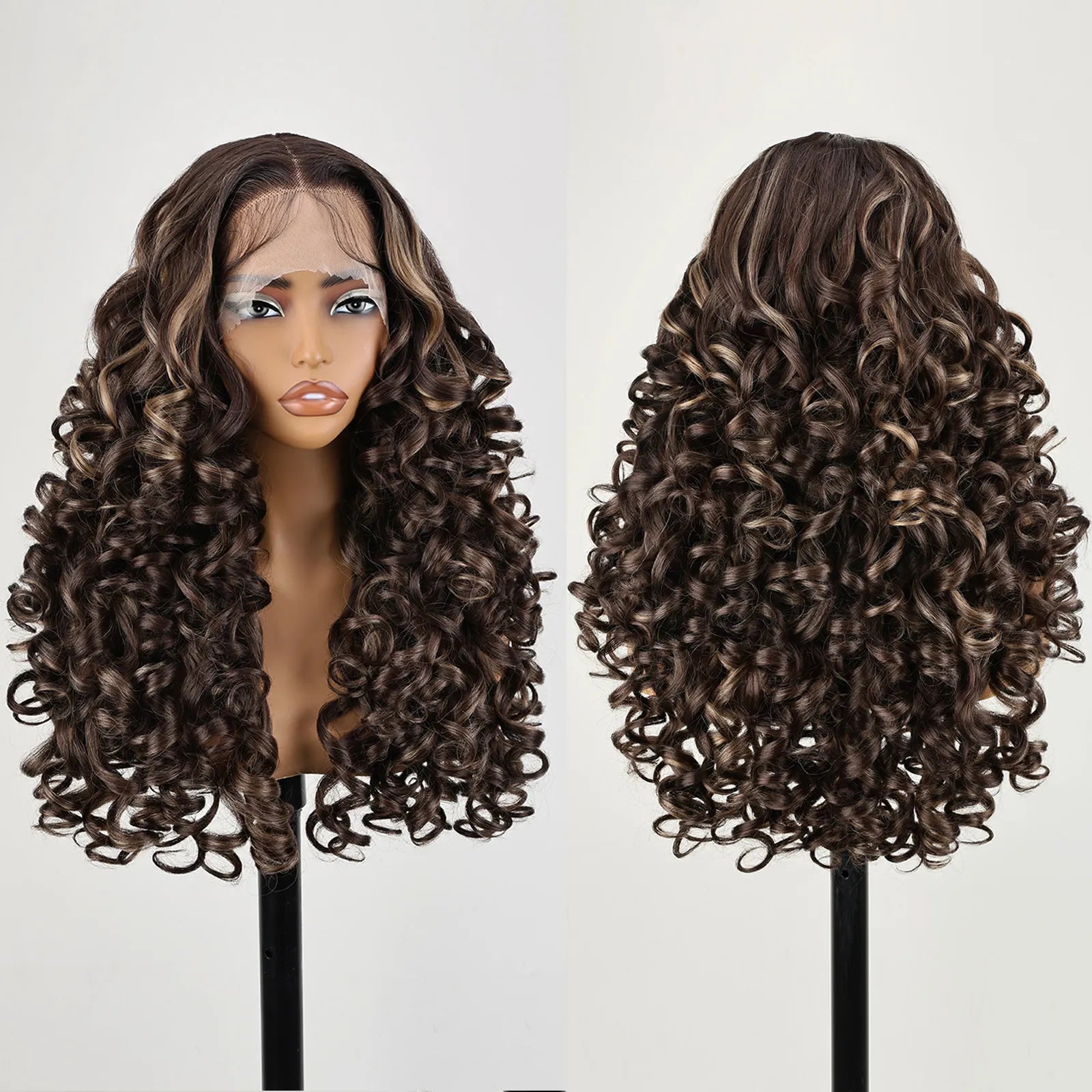 FABÉLLE 22inch Bouncy Curly Wigs Glueless Synthetic Lace Front Wig Pre Plucked Hairline 13×4×1 Middle Part Lace Front Wave Wigs Lightweight Synthetic Lace Wigs for Women