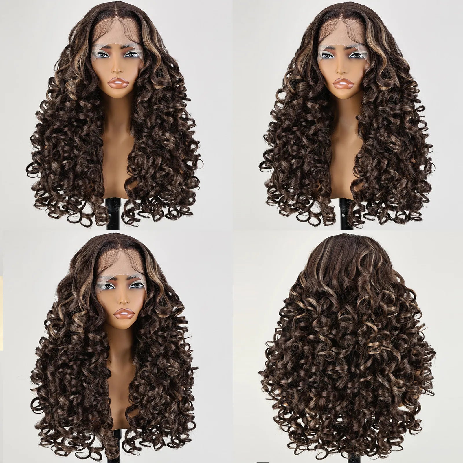 FABÉLLE 22inch Bouncy Curly Wigs Glueless Synthetic Lace Front Wig Pre Plucked Hairline 13×4×1 Middle Part Lace Front Wave Wigs Lightweight Synthetic Lace Wigs for Women