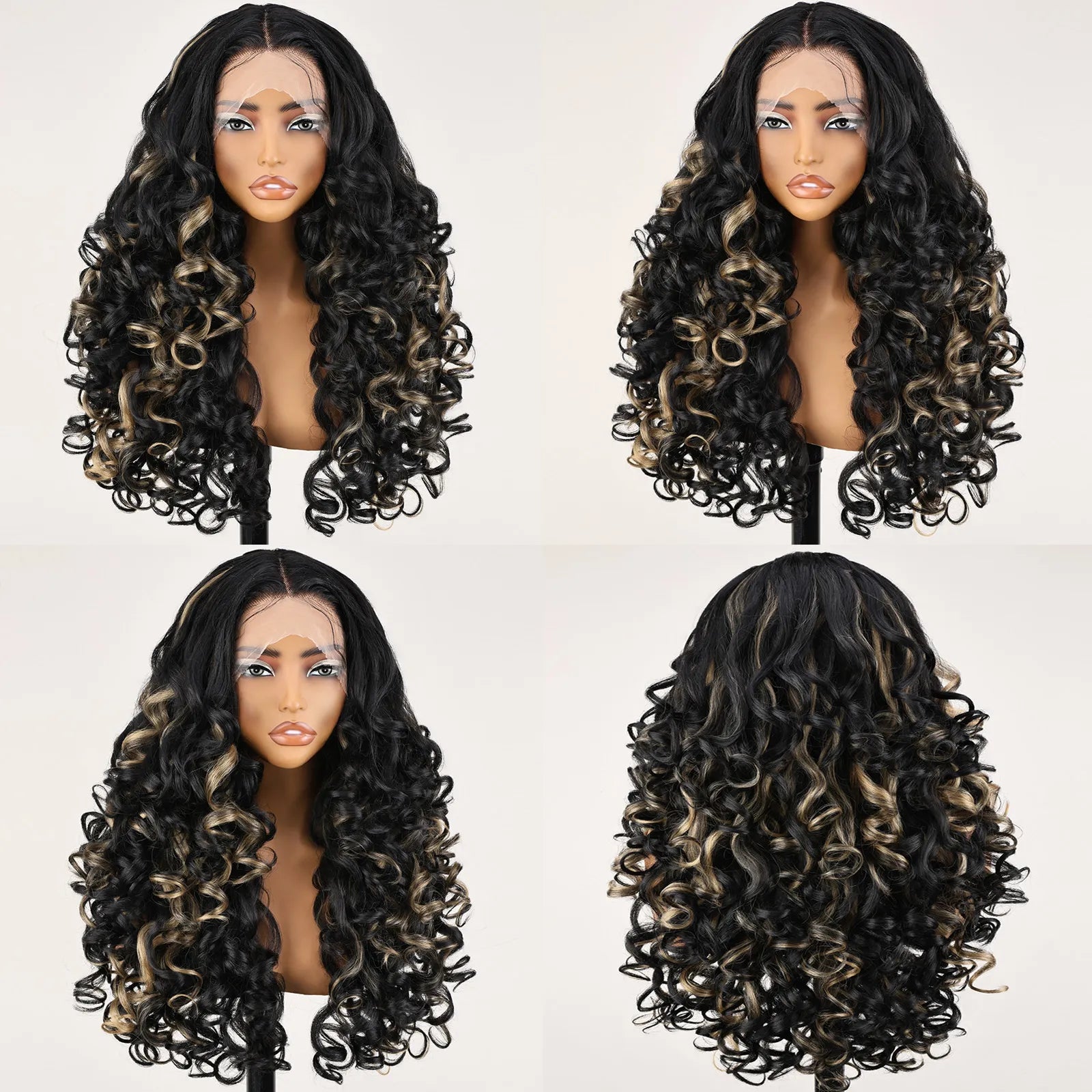 FABÉLLE 22inch Bouncy Curly Wigs Glueless Synthetic Lace Front Wig Pre Plucked Hairline 13×4×1 Middle Part Lace Front Wave Wigs Lightweight Synthetic Lace Wigs for Women