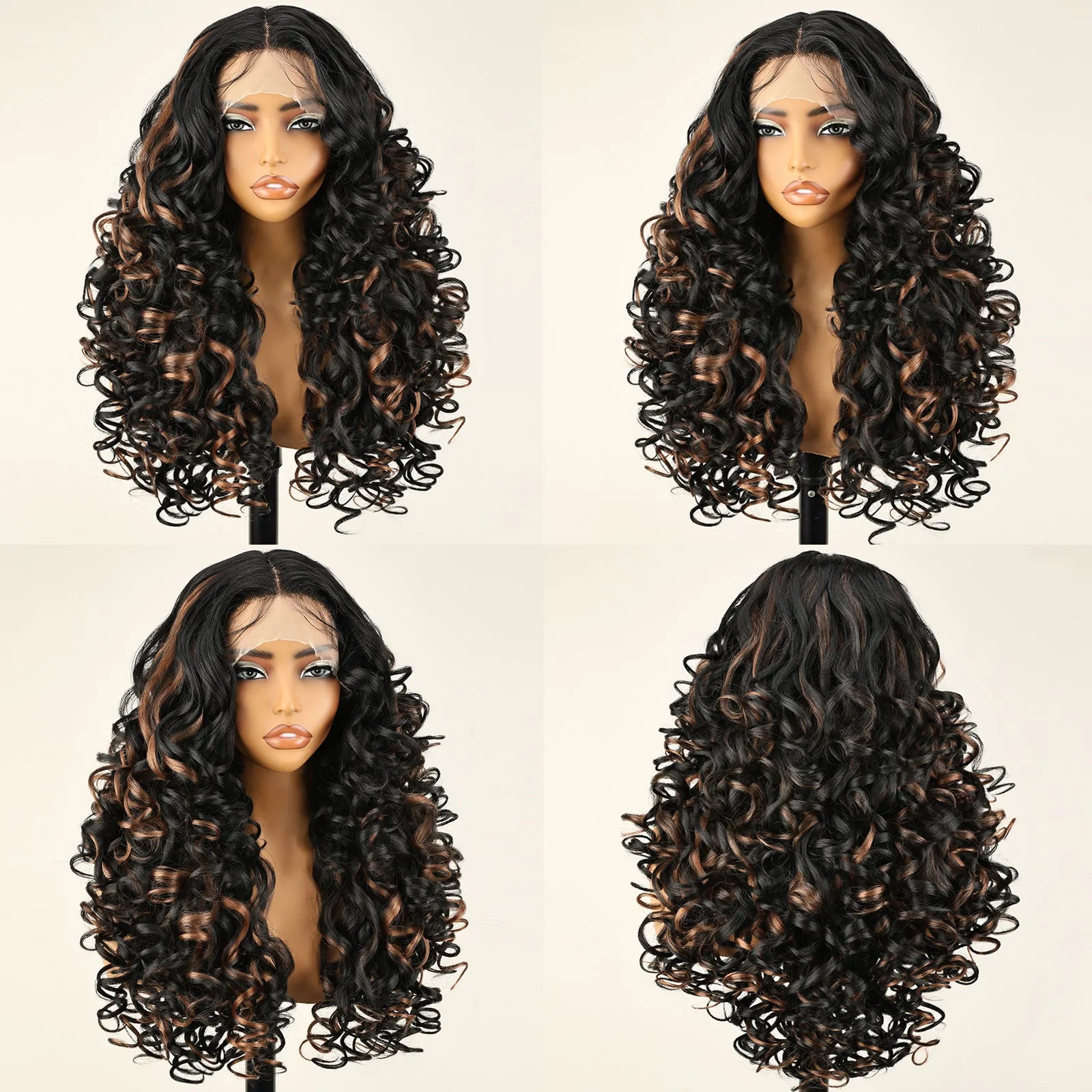 FABÉLLE 22inch Bouncy Curly Wigs Glueless Synthetic Lace Front Wig Pre Plucked Hairline 13×4×1 Middle Part Lace Front Wave Wigs Lightweight Synthetic Lace Wigs for Women