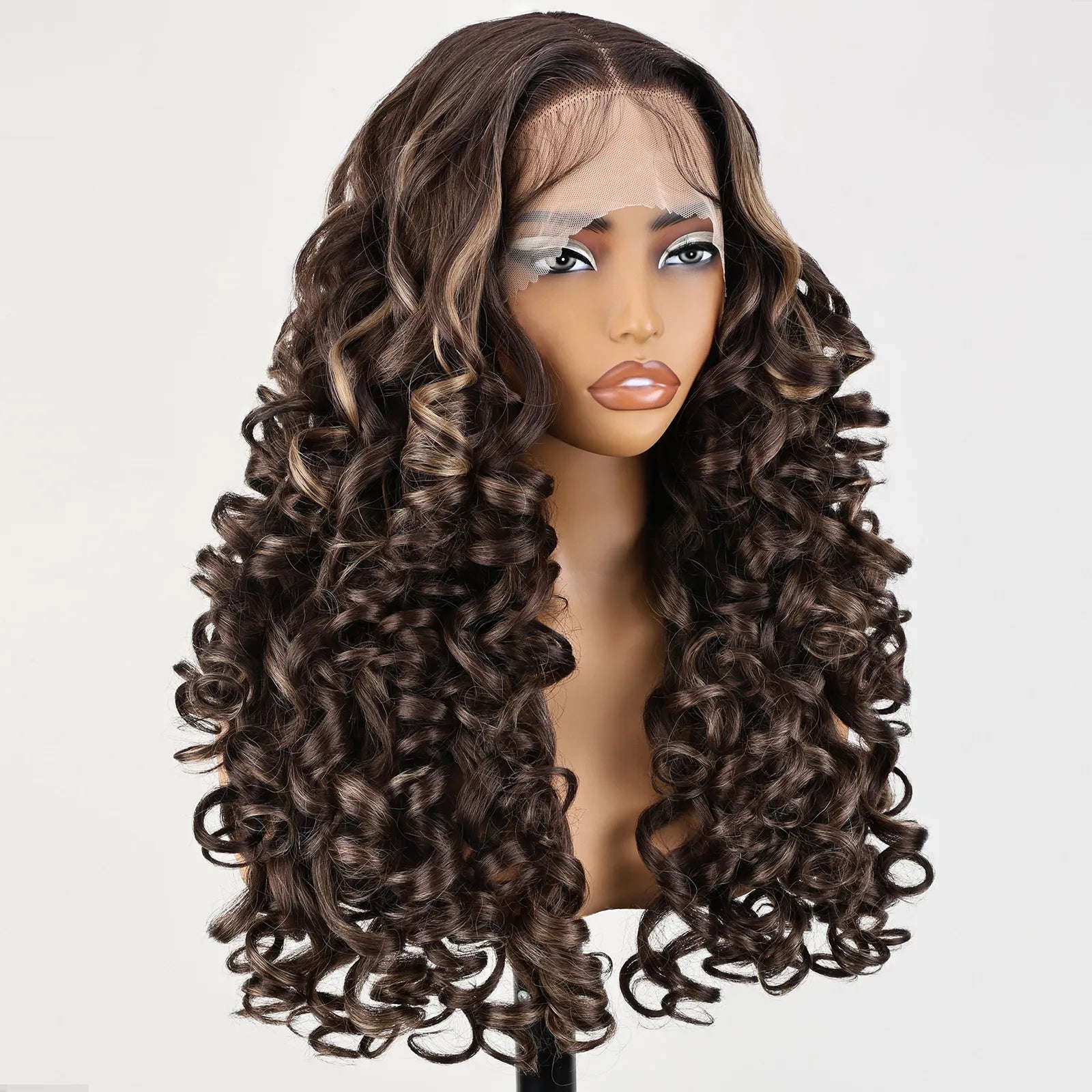 FABÉLLE 22inch Bouncy Curly Wigs Glueless Synthetic Lace Front Wig Pre Plucked Hairline 13×4×1 Middle Part Lace Front Wave Wigs Lightweight Synthetic Lace Wigs for Women