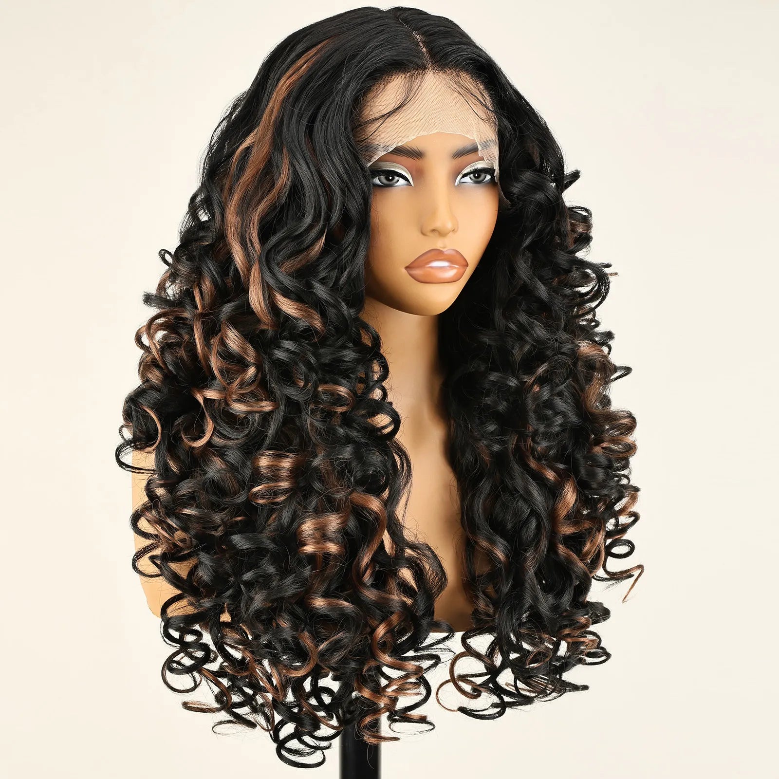 FABÉLLE 22inch Bouncy Curly Wigs Glueless Synthetic Lace Front Wig Pre Plucked Hairline 13×4×1 Middle Part Lace Front Wave Wigs Lightweight Synthetic Lace Wigs for Women