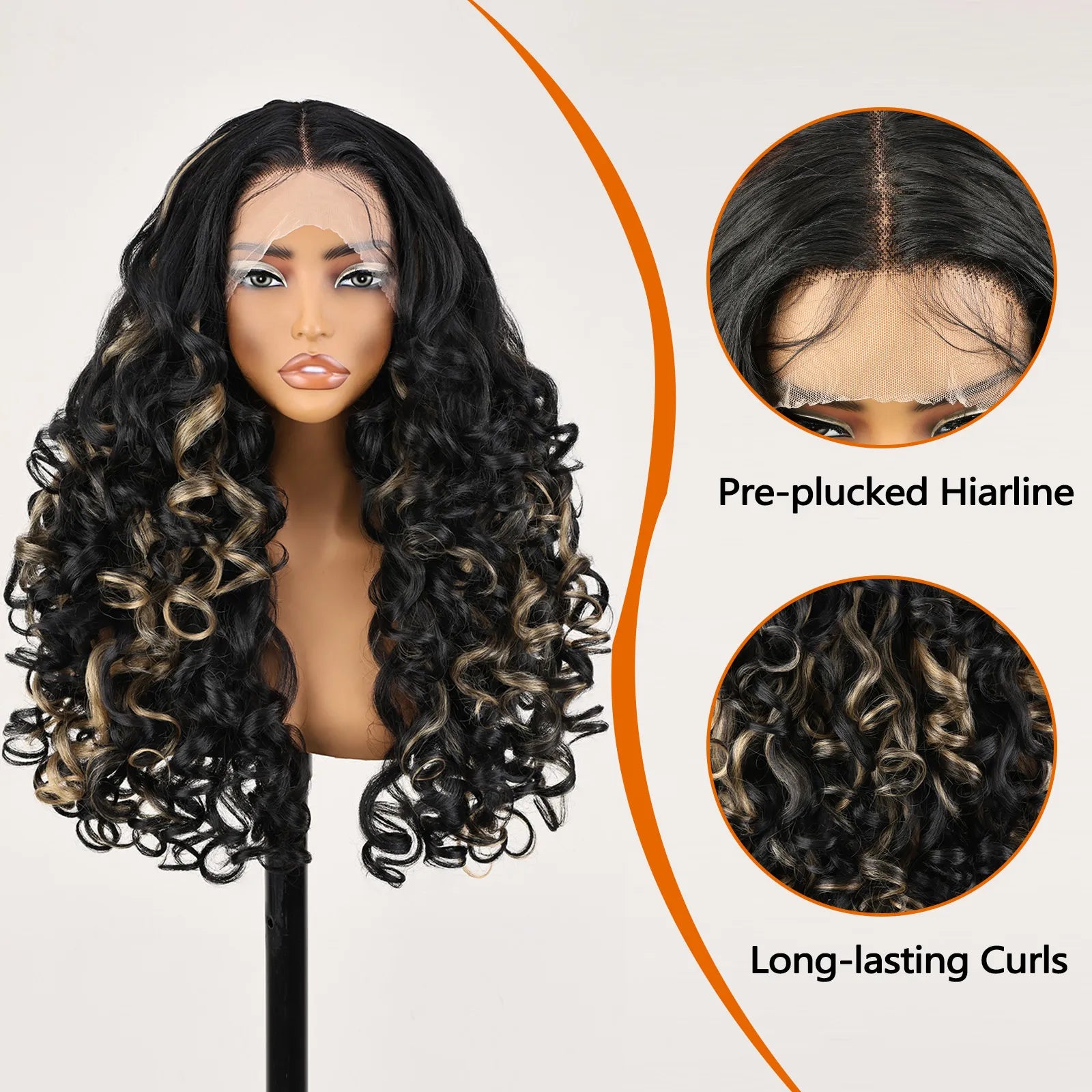 FABÉLLE 22inch Bouncy Curly Wigs Glueless Synthetic Lace Front Wig Pre Plucked Hairline 13×4×1 Middle Part Lace Front Wave Wigs Lightweight Synthetic Lace Wigs for Women