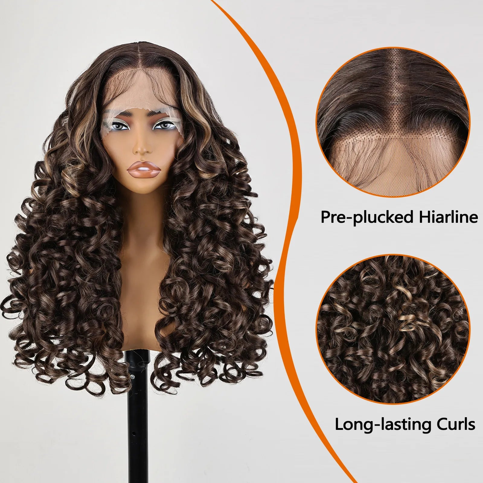 FABÉLLE 22inch Bouncy Curly Wigs Glueless Synthetic Lace Front Wig Pre Plucked Hairline 13×4×1 Middle Part Lace Front Wave Wigs Lightweight Synthetic Lace Wigs for Women