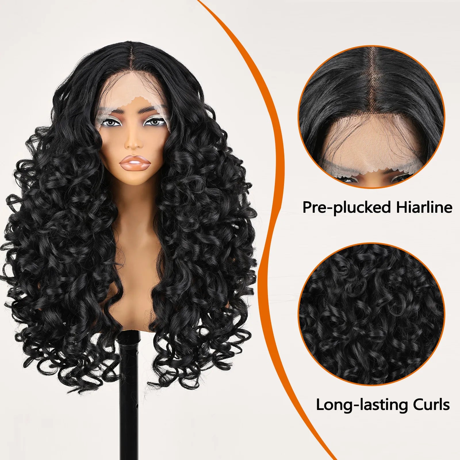 FABÉLLE 22inch Bouncy Curly Wigs Glueless Synthetic Lace Front Wig Pre Plucked Hairline 13×4×1 Middle Part Lace Front Wave Wigs Lightweight Synthetic Lace Wigs for Women