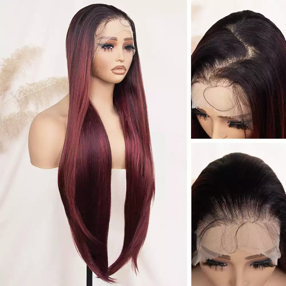 Straight highlight_Burgundy 13_6_lace_front_wig 9602A ##DR3700