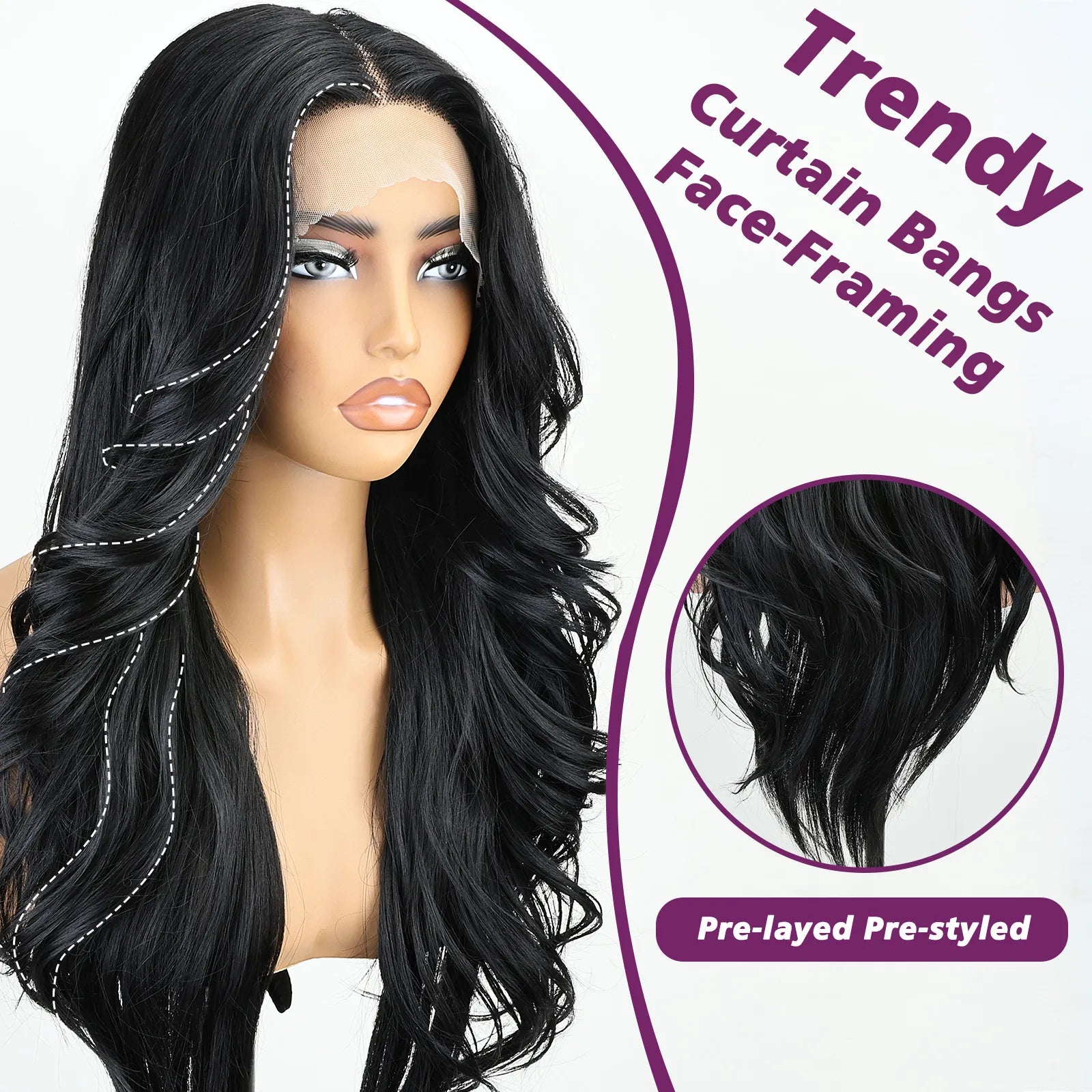 FABÉLLE 26Inch 13×4×1 Middle part Lace Front Wigs Mixed Wavy and Straight Glueless Synthetic Wigs Beginner Friendly for Women