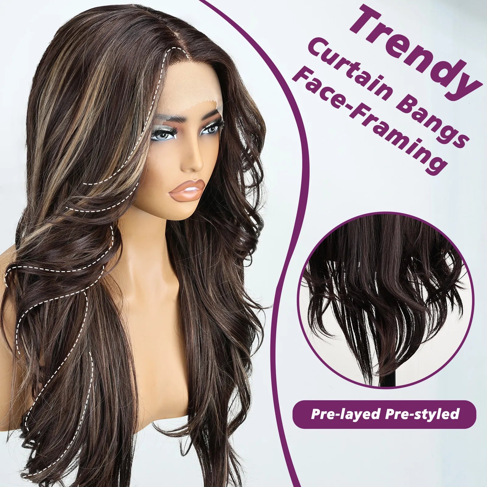 FABÉLLE 26Inch 13×4×1 Middle part Lace Front Wigs Mixed Wavy and Straight Glueless Synthetic Wigs Beginner Friendly for Women