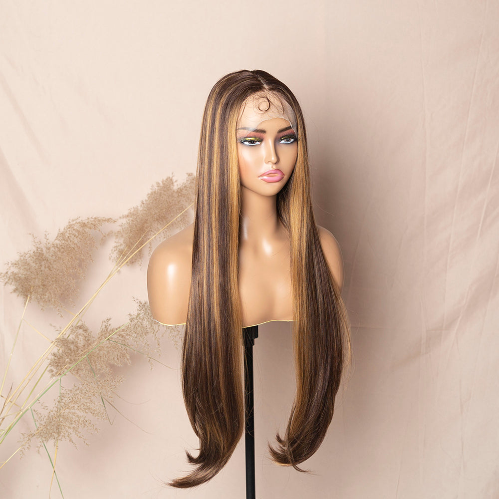 Honey Blonde Highlight Brown Wig Silky Straight Hair Synthetic