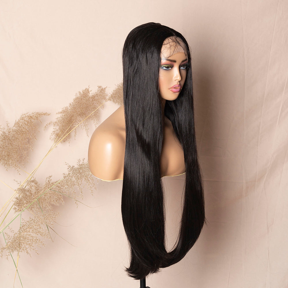 Dark Brown Wig Silky Straight Hair Transparent Lace Wig Synthetic