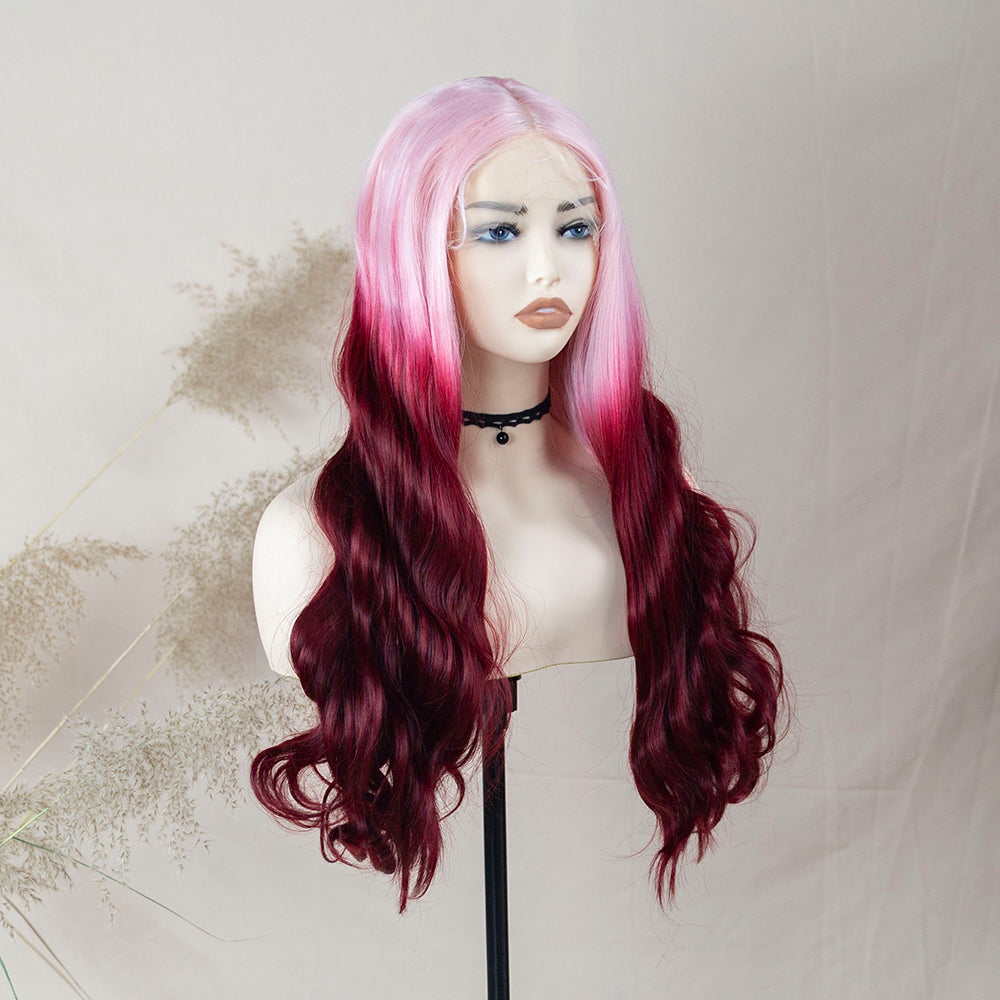 Body Wave Ombre Pink Red Wig Cherry Blossom Lace Frontal Wig