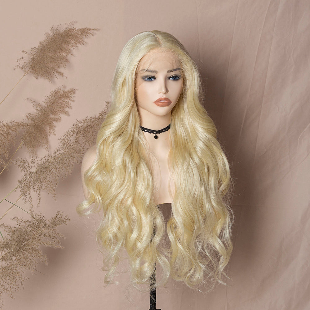 FAB LLE Long Wavy Platinum Blonde Front Lace Wig Natural Loose