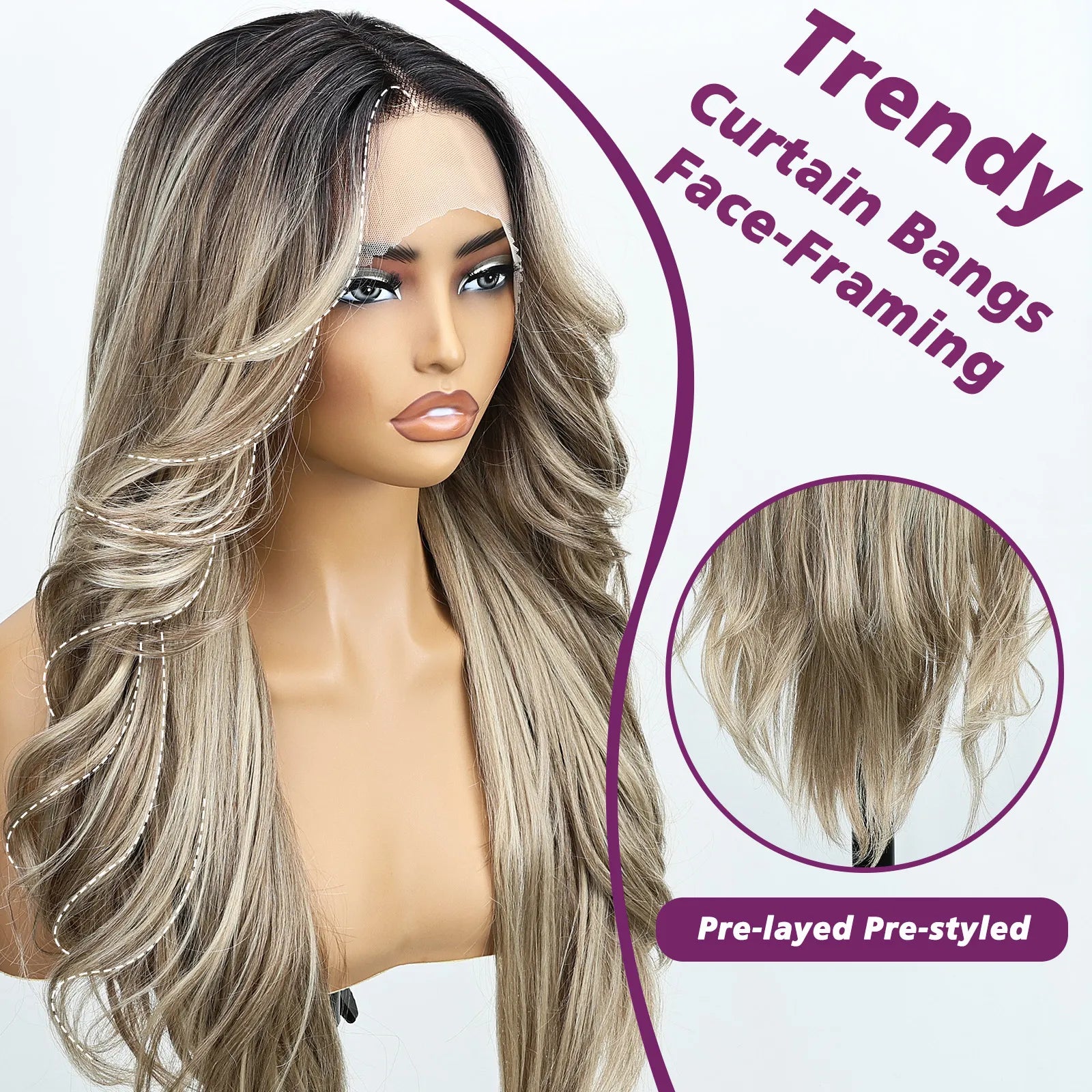 FABÉLLE 26Inch 13×4×1 Middle part Lace Front Wigs Mixed Wavy and Straight Glueless Synthetic Wigs Beginner Friendly for Women