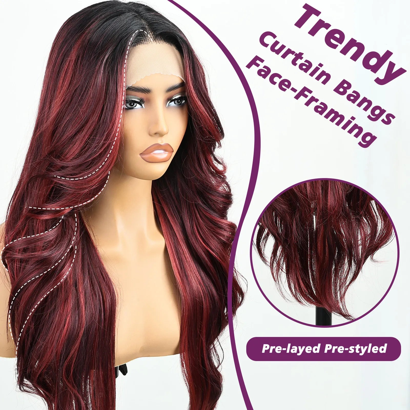 FABÉLLE 26Inch 13×4×1 Middle part Lace Front Wigs Mixed Wavy and Straight Glueless Synthetic Wigs Beginner Friendly for Women