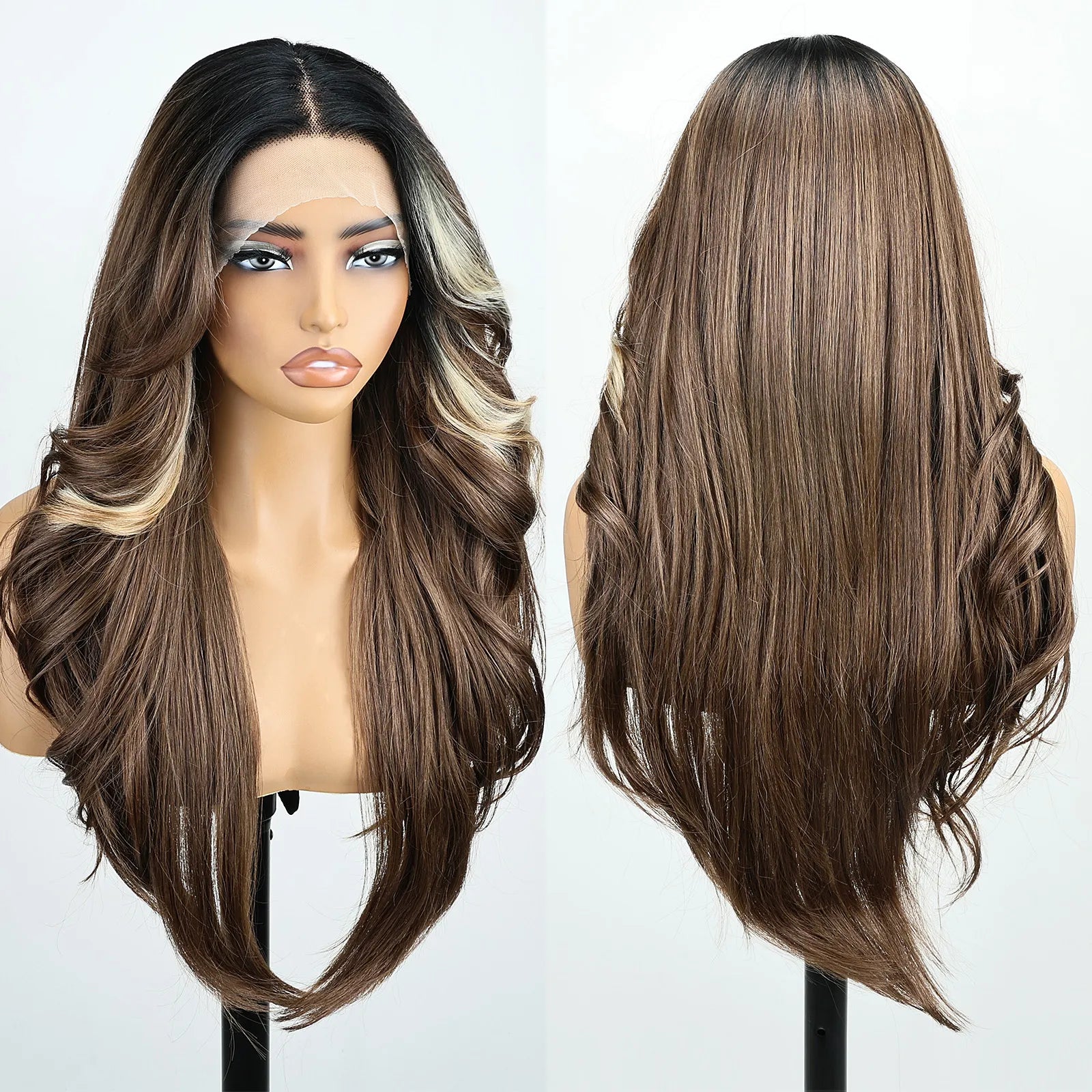 FABÉLLE 26Inch 13×4×1 Middle part Lace Front Wigs Mixed Wavy and Straight Glueless Synthetic Wigs Beginner Friendly for Women