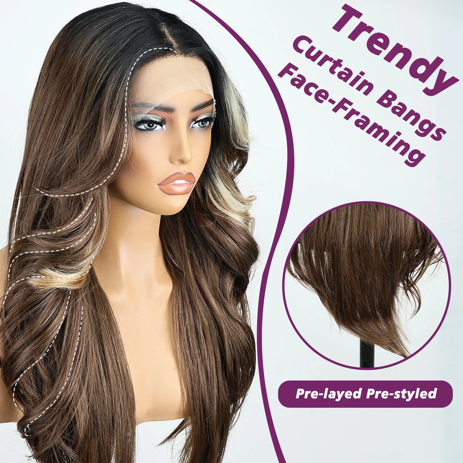 FABÉLLE 26Inch 13×4×1 Middle part Lace Front Wigs Mixed Wavy and Straight Glueless Synthetic Wigs Beginner Friendly for Women