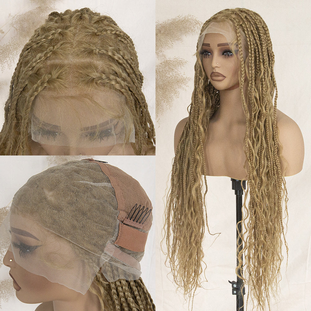 Boho Square Knotless Box Braid Wigs Full Lace Braided Wig Boho Curly Box Braids Wig With Baby Hair