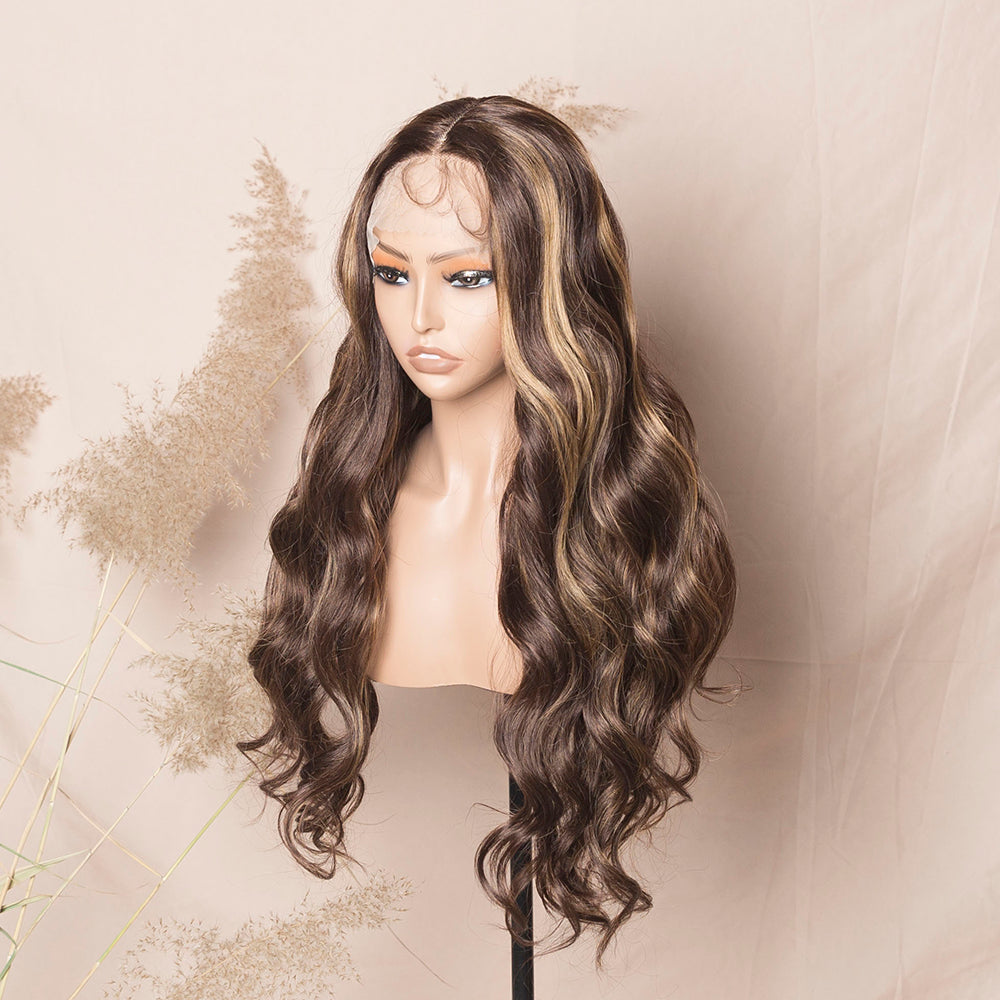 Honey Blonde Highlights Brown Lace Wig Loose Wave Premium Synthetic Lace Front Wig