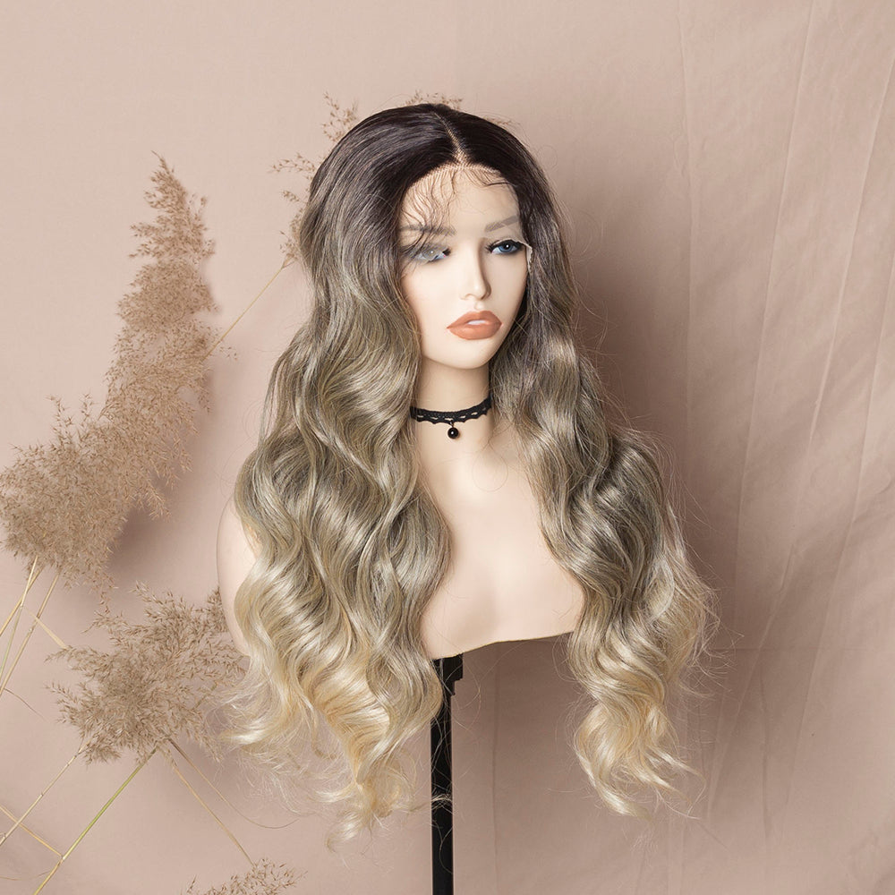 Ombre Ash Blonde Lace Front Wig With Brown Roots Loose Wave