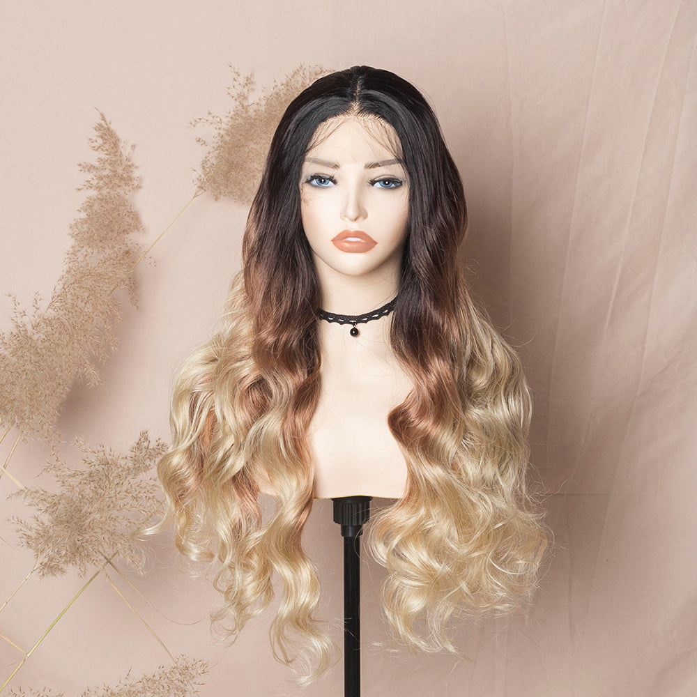 Honey Blonde Highlights Brown Lace Wig Loose Wave Premium Synthetic Lace Front Wig