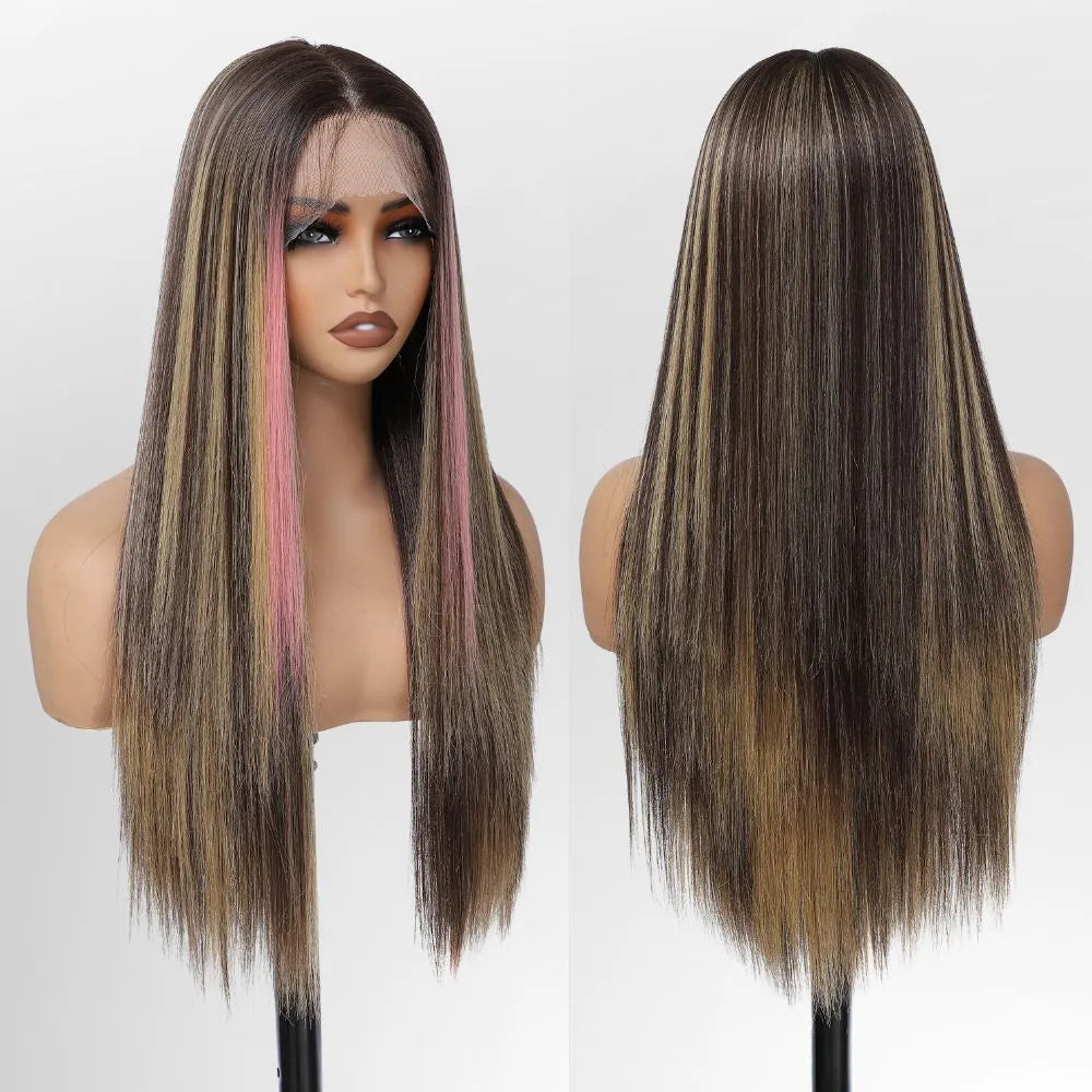 FABÉLLE Silky Straight Wigs 26inch 13×4×1 Middle Part Lace Glueless Wig Pre Plucked Synthetic Lace Front Wig heat resistant synthetic wig