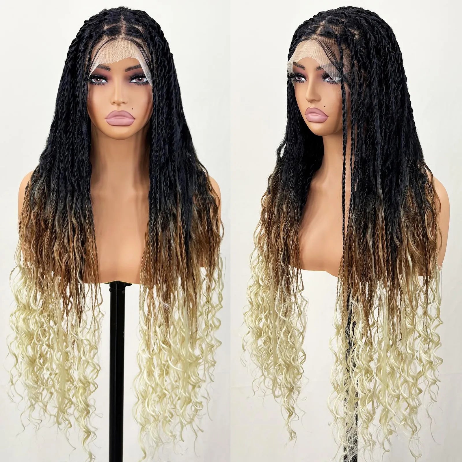 Boho Twist Braided Full Lace Wigs Knotless Senegalese Twists With Curly Ends