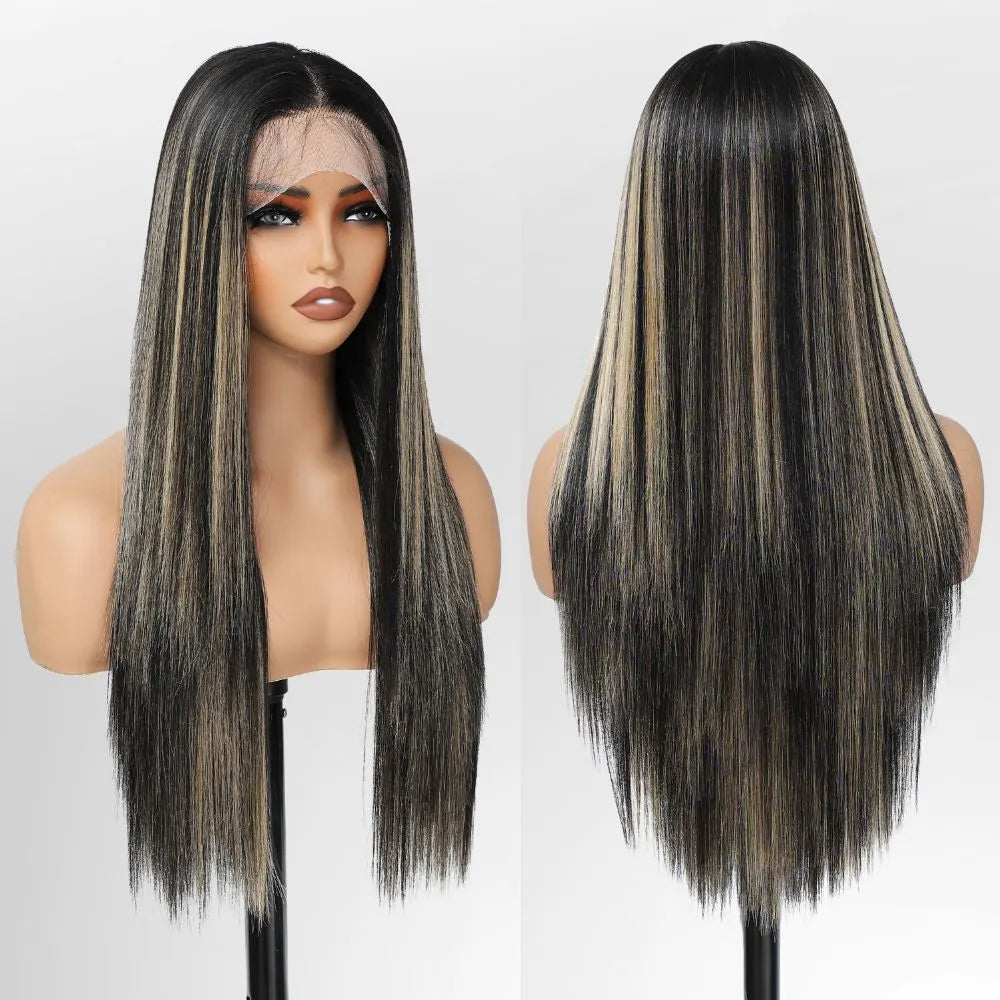 FABÉLLE Silky Straight Wigs 26inch 13×4×1 Middle Part Lace Glueless Wig Pre Plucked Synthetic Lace Front Wig heat resistant synthetic wig