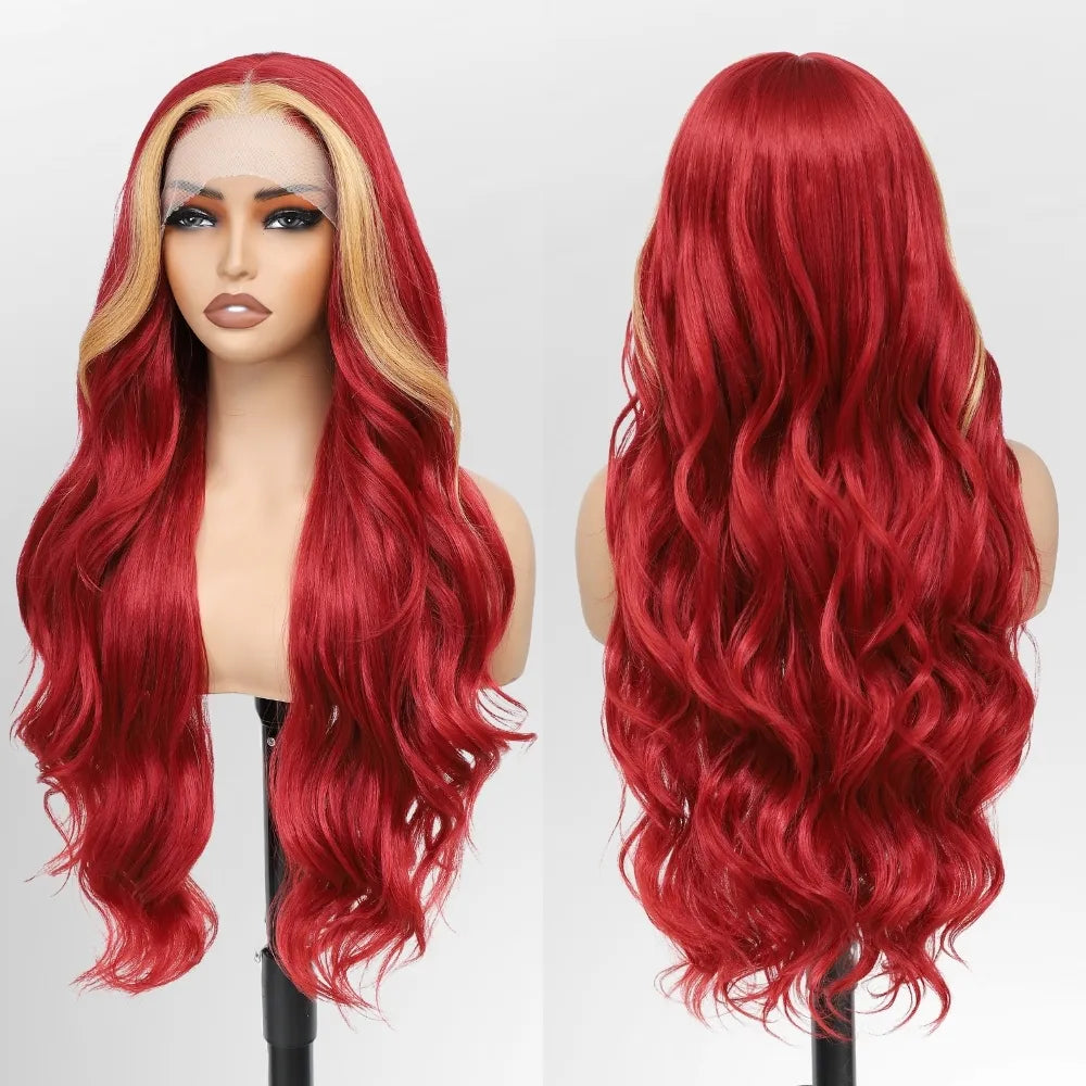FABÉLLE Body Wave 30inch Glueless 13×4×1 Middle part Lace Wig Pre-plucked Synthetic Lace Front Wig for women Wavy Blonde daily style synthetic heat