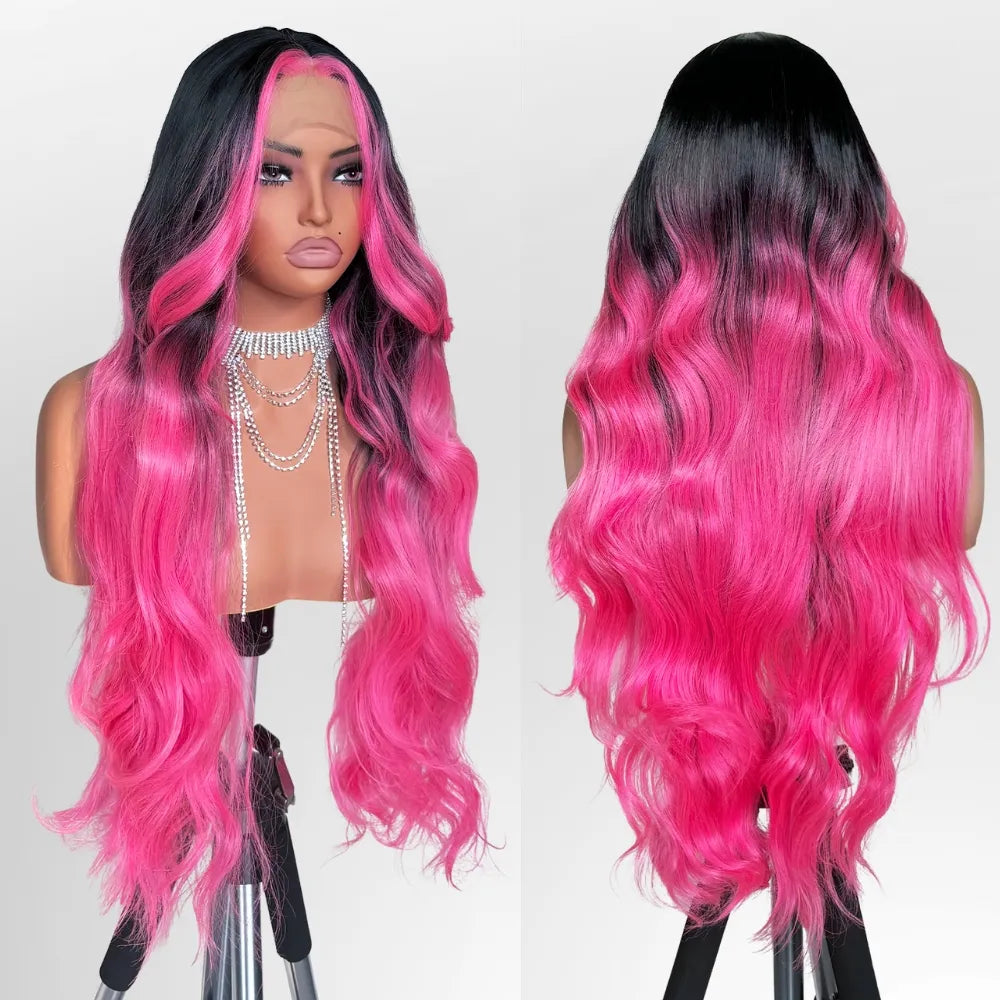 FABÉLLE Body Wave 30inch Glueless 13×4×1 Middle part Lace Wig Pre-plucked Synthetic Lace Front Wig for women Wavy Blonde daily style synthetic heat