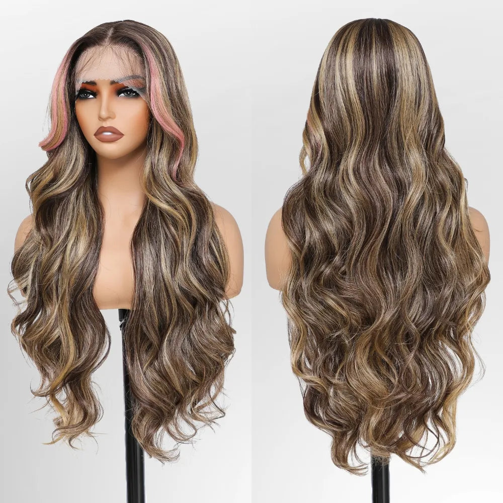 FABÉLLE Body Wave 30inch Glueless 13×4×1 Middle part Lace Wig Pre-plucked Synthetic Lace Front Wig for women Wavy Blonde daily style synthetic heat