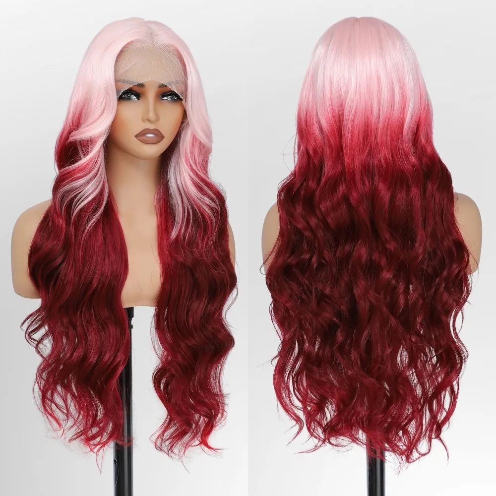 FABÉLLE Body Wave 30inch Glueless 13×4×1 Middle part Lace Wig Pre-plucked Synthetic Lace Front Wig for women Wavy Blonde daily style synthetic heat