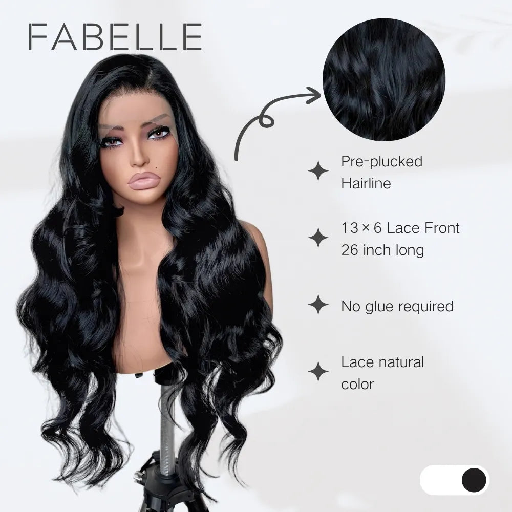 FABÉLLE 13×6 Lace Front Wigs 26Inch Body Wave Glueless Synthetic Wigs with Narural Preplucked Hairline Free Part for Women