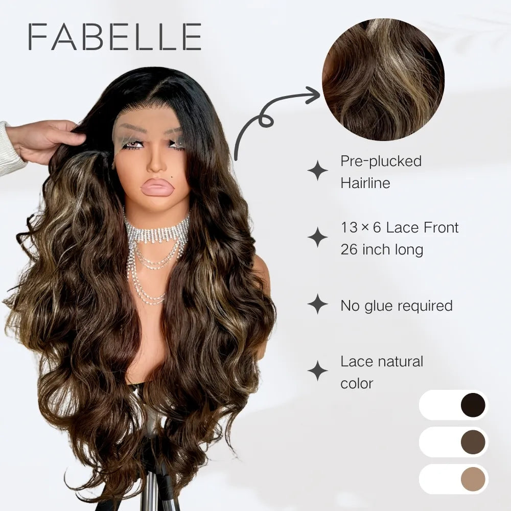 FABÉLLE 13×6 Lace Front Wigs 26Inch Body Wave Glueless Synthetic Wigs with Narural Preplucked Hairline Free Part for Women