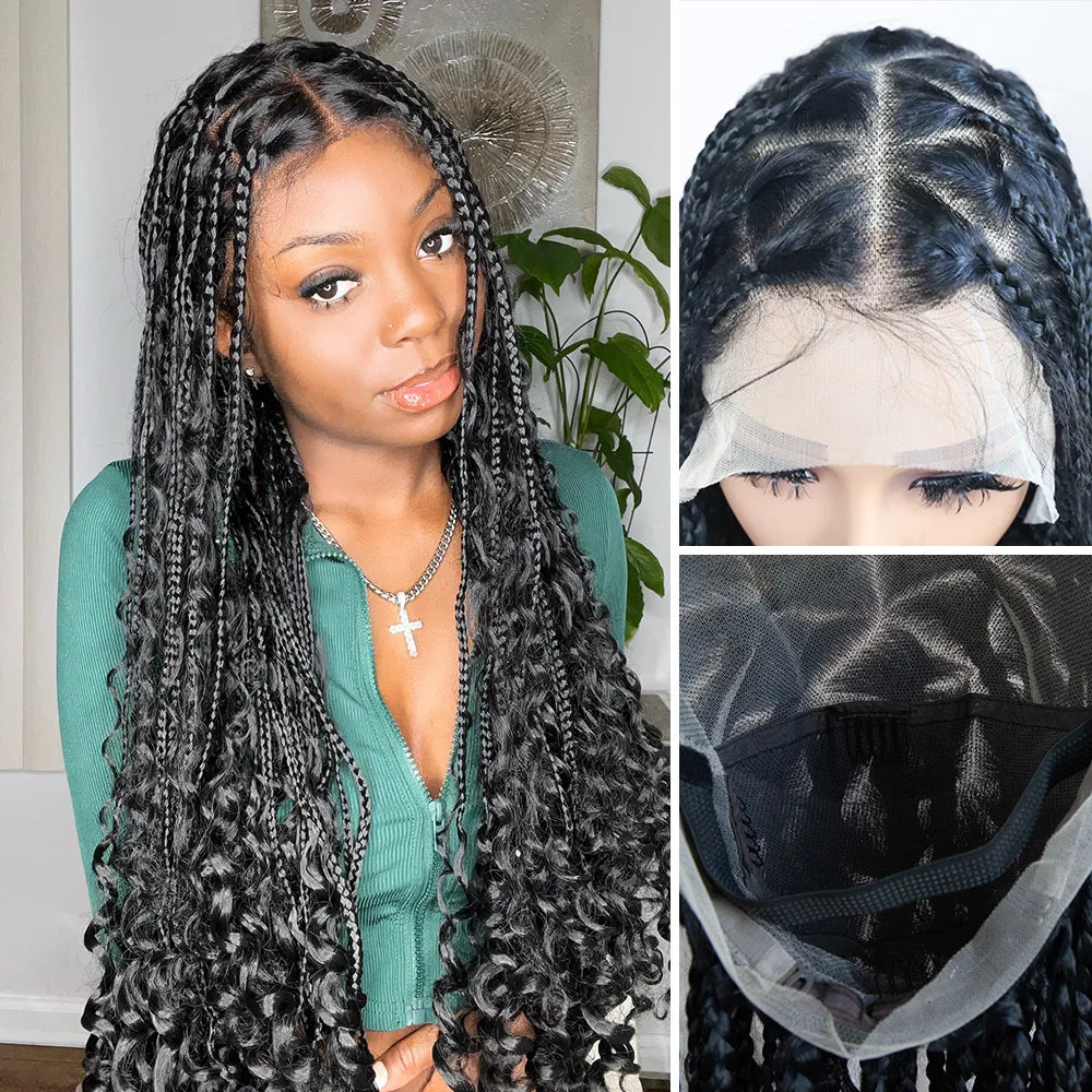 Full Lace Braided Wig Boho Triangle Knotless Braided Wig With Curly Ends Goddess Box Braids Wig