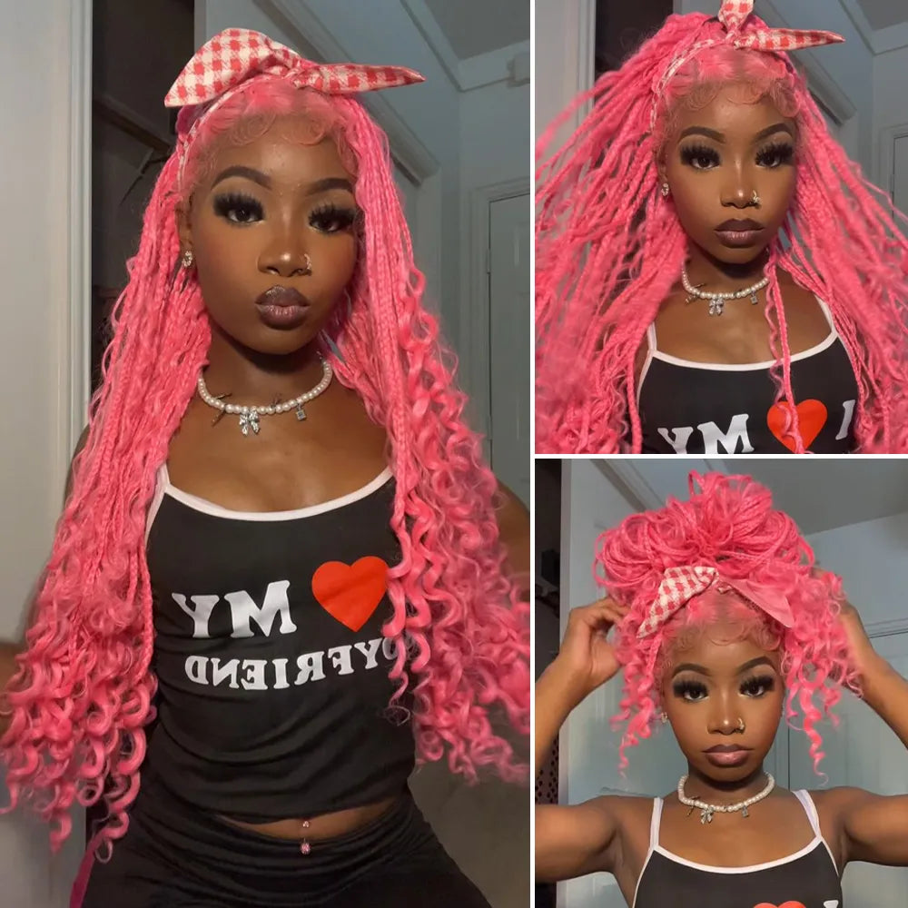 Full Lace Braided Wig Boho Triangle Knotless Braided Wig With Curly Ends Goddess Box Braids Wig