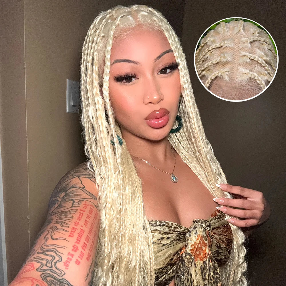 Boho Square Knotless Box Braid Wigs Full Lace Braided Wig Boho Curly Box Braids Wig With Baby Hair