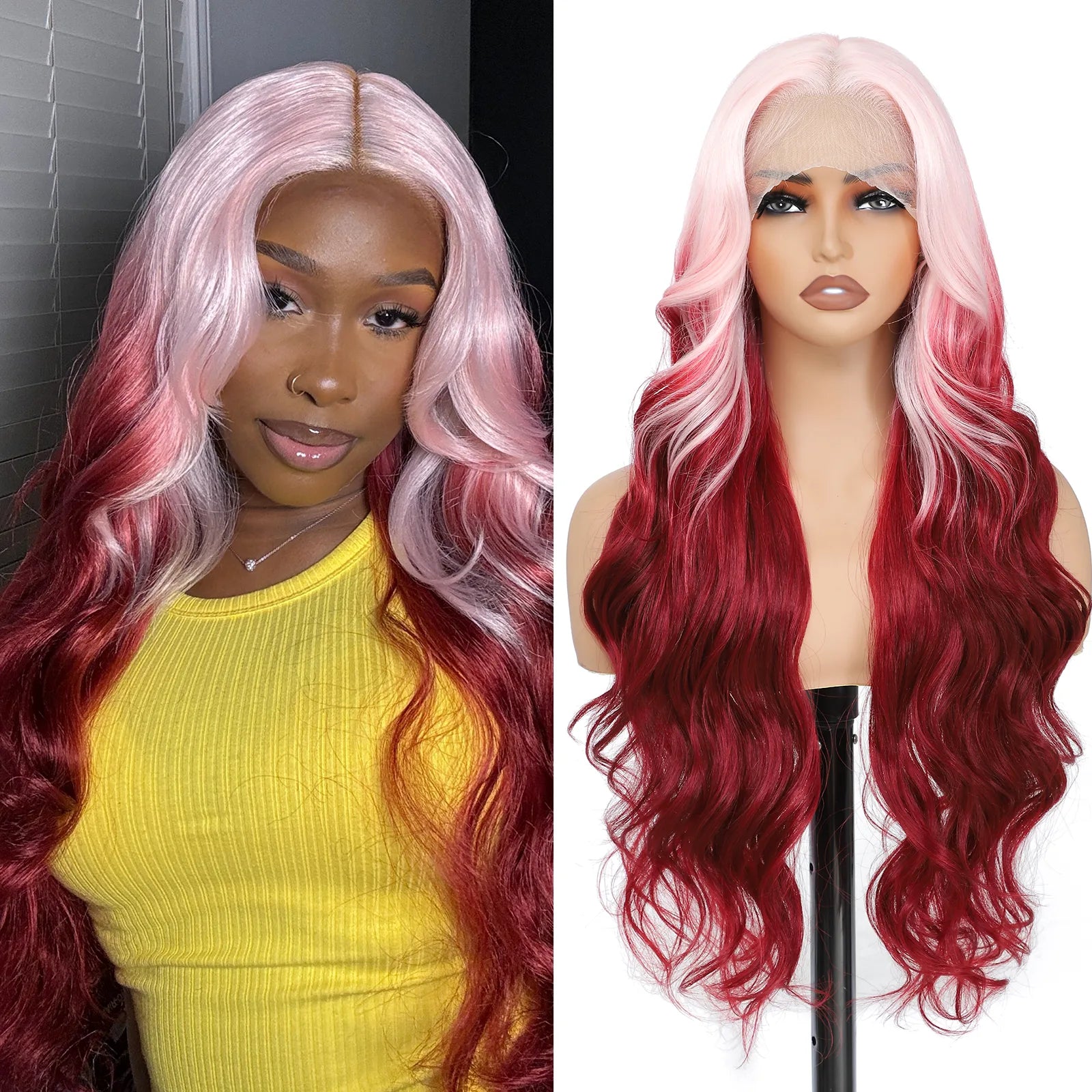 FABÉLLE Body Wave 30inch Glueless 13×4×1 Middle part Lace Wig Pre-plucked Synthetic Lace Front Wig for women Wavy Blonde daily style synthetic heat