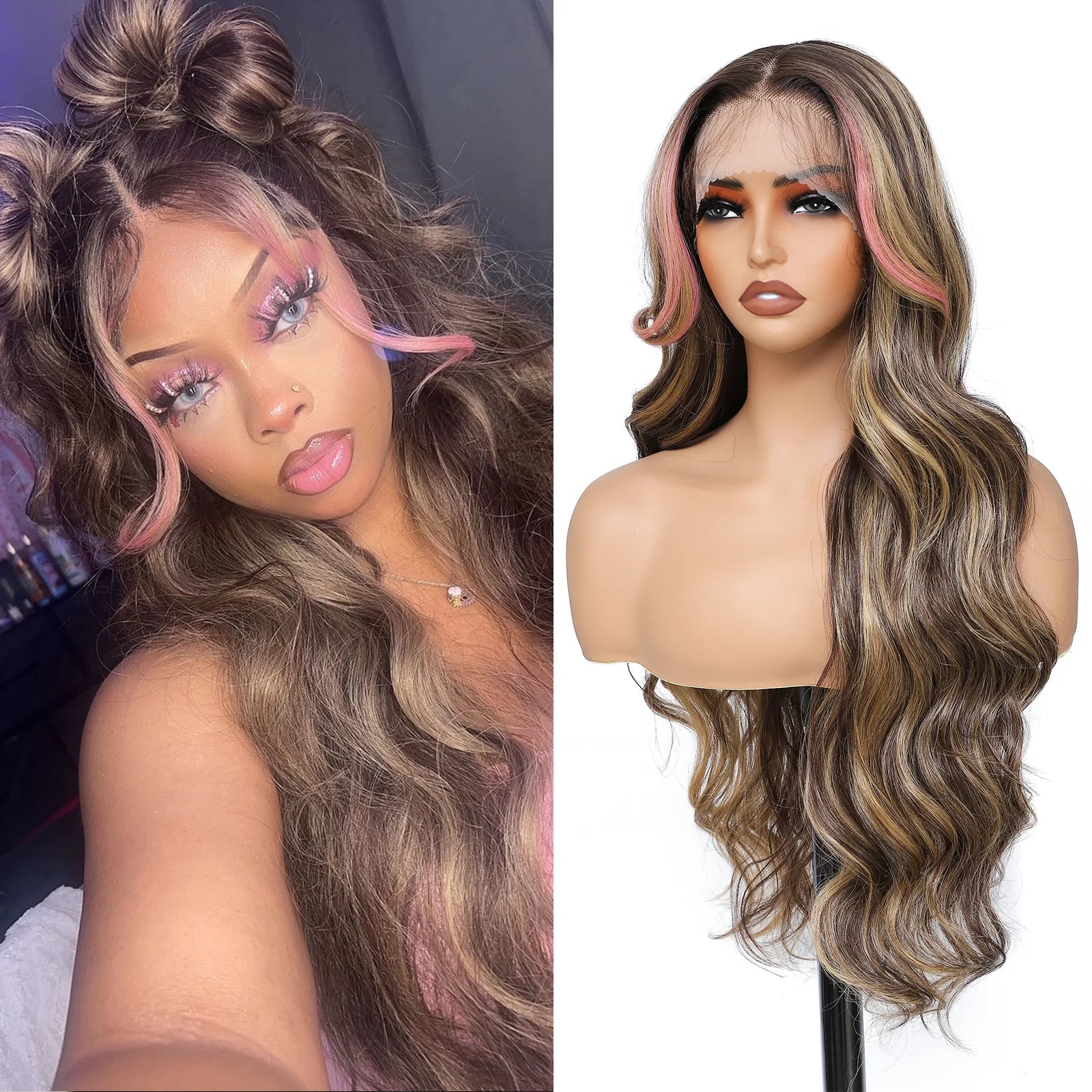 FABÉLLE Body Wave 30inch Glueless 13×4×1 Middle part Lace Wig Pre-plucked Synthetic Lace Front Wig for women Wavy Blonde daily style synthetic heat