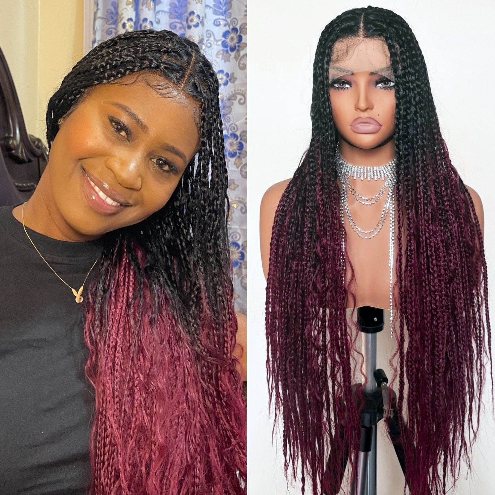 [Tiktok Style] Boho Square Knotless Box Braid Wigs Full Lace Braided Wigs Boho Curly Box Braids Wig  With Baby Hair