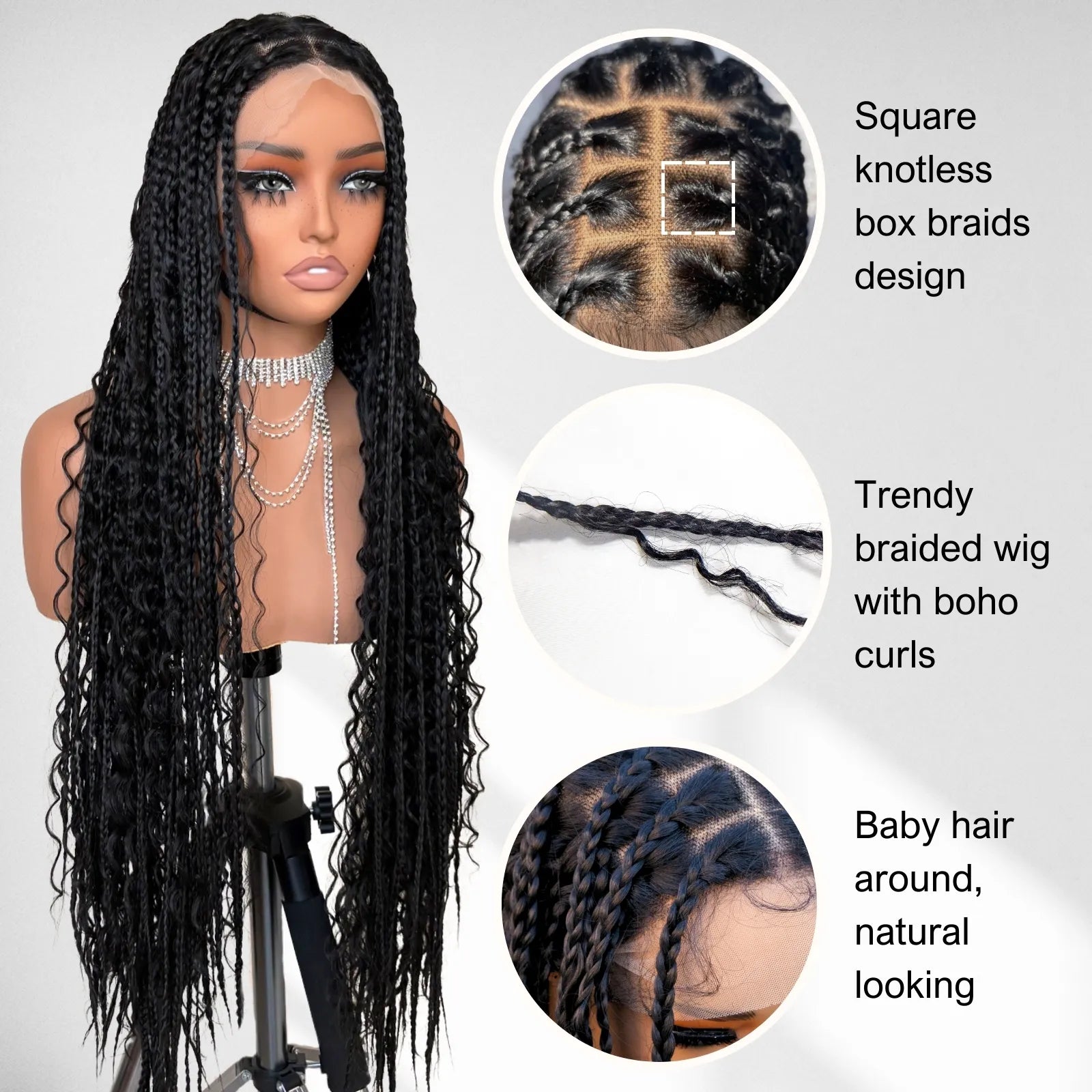 [Tiktok Style] Boho Square Knotless Box Braid Wigs Full Lace Braided Wigs Boho Curly Box Braids Wig  With Baby Hair