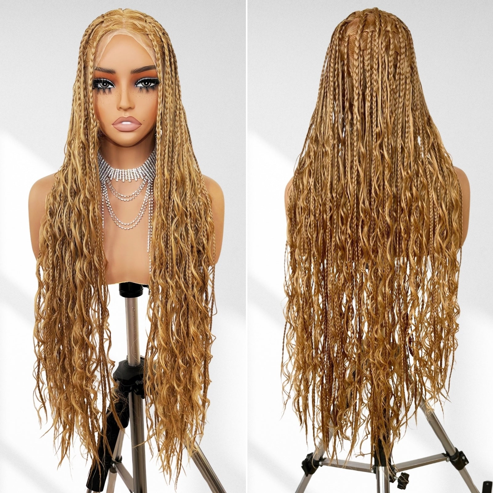 [Tiktok Style] Boho Square Knotless Box Braid Wigs Full Lace Braided Wigs Boho Curly Box Braids Wig  With Baby Hair